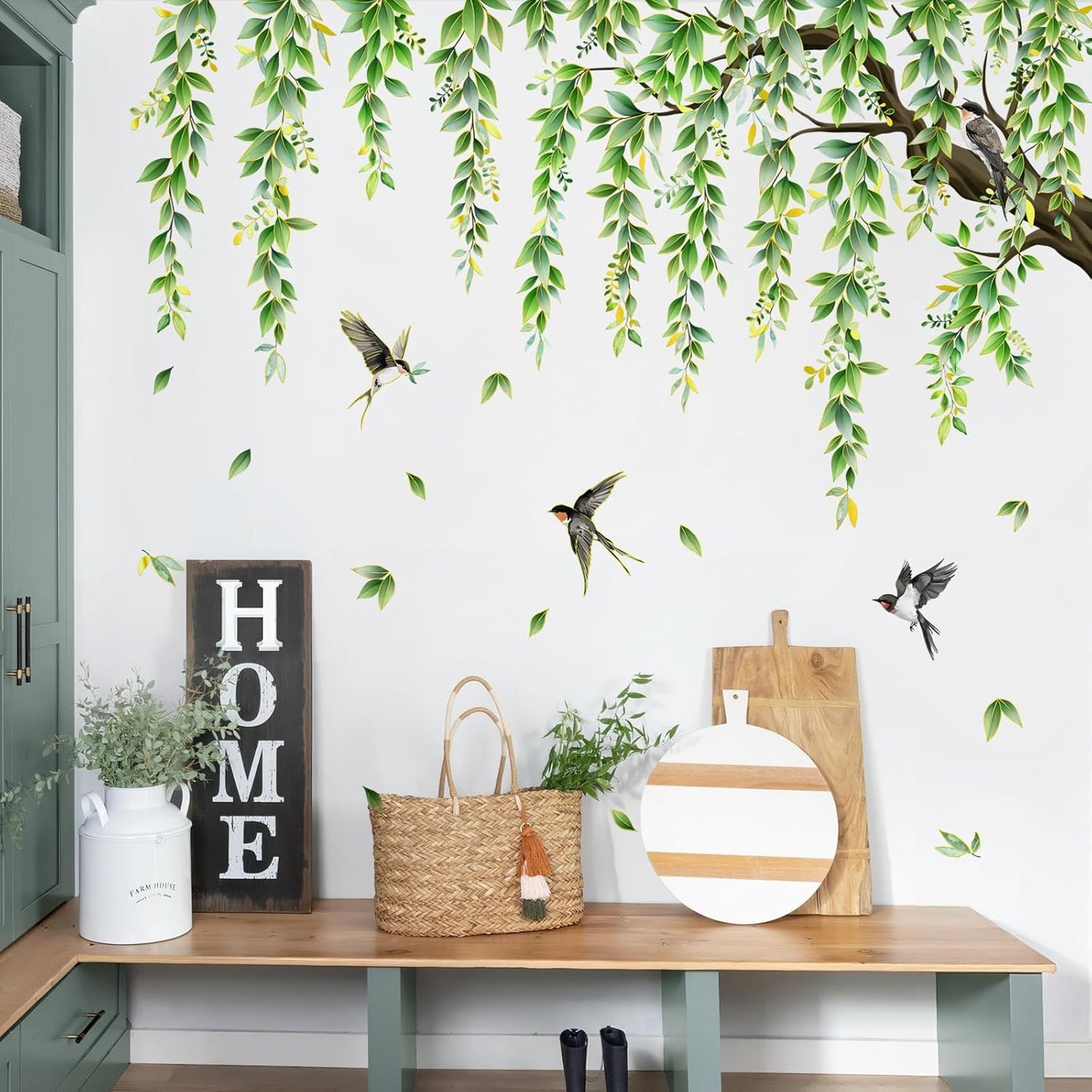 Supzone Large Green Tree Branch Wall Decals Hanging Green Vine Leaves Birds Wall Stickers for Living Room Bedroom Sofa TV Background