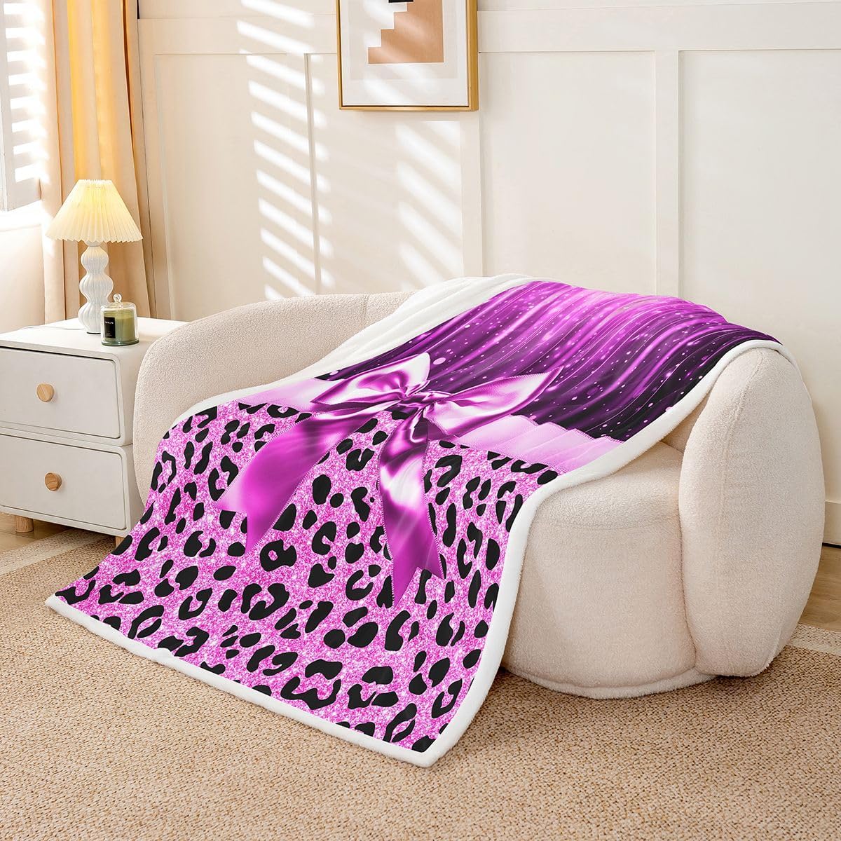 Feelyou Pink Purple Leopard Sherpa Blanket Plush Fuzzy Cute Bow Fleece Throw Blanket Boys Girls Sweet Animal Pattern for Bed Couch Chair Living Room Coquette Aesthetic Bedroom Decor 40"x50"
