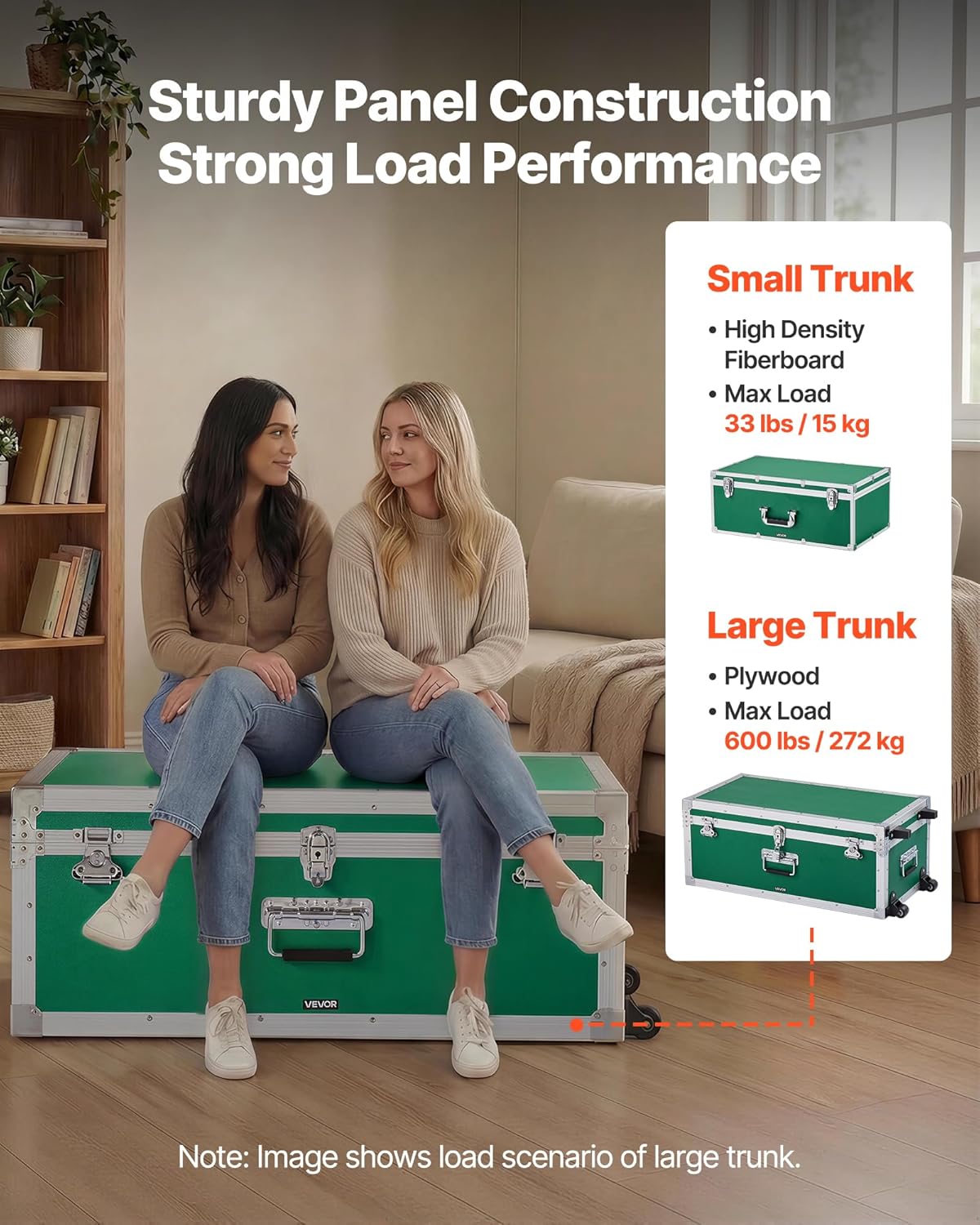 VEVOR Storage Trunk, Set of 2, Wooden Suitcase Storage Boxes with Padlocks, Large Trunk Includes Casters and 3 Metal Handles, Decorative Store Chest with Lids for Travel, Apartment, Dorm, Green