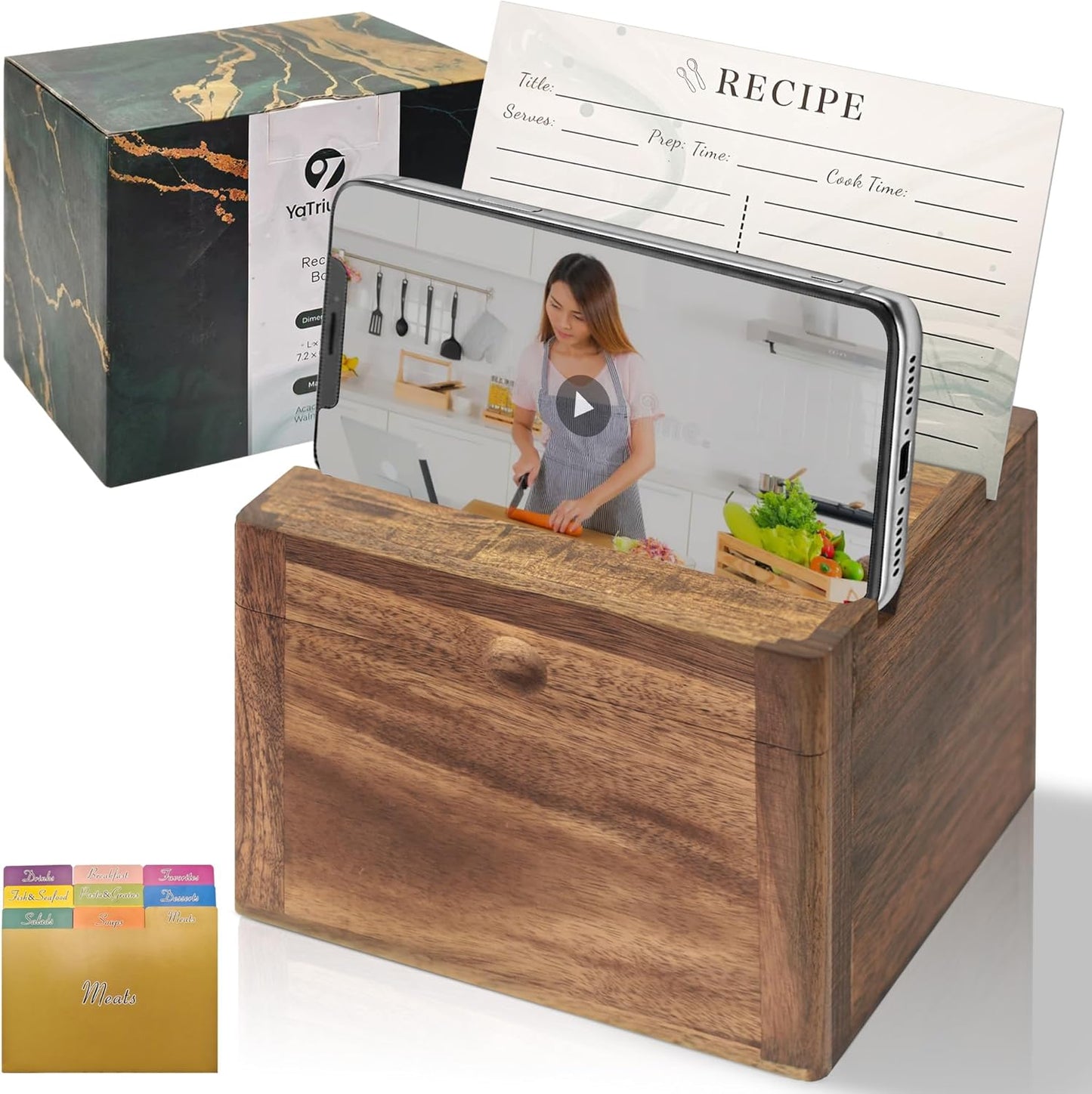 Rustic Wood Recipe Box Keepsake for 4x6 Cards with Divider & Phone Stand, Double Layer Recipe Card Holder, Includes 100 Cards & 9 Dividers, Acacia Walnut Organizer, Gift for Mom
