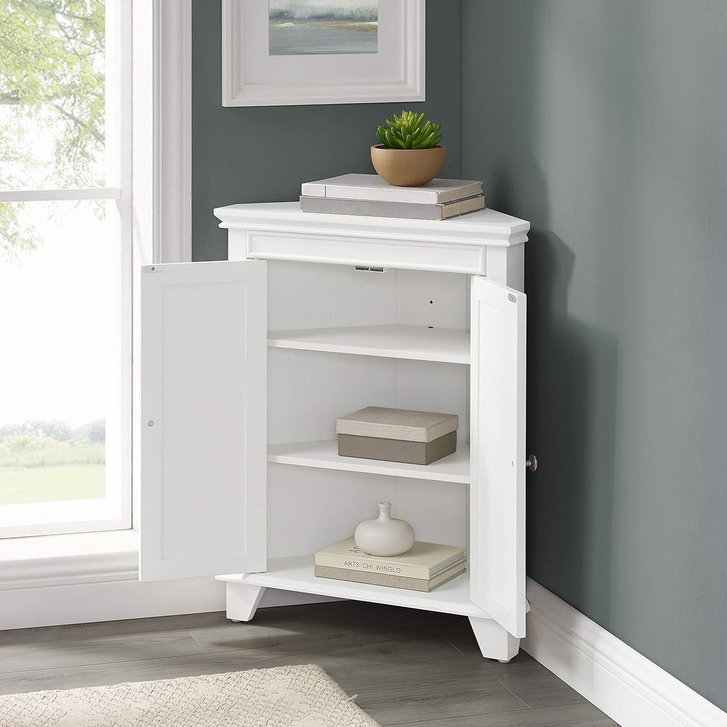 Crosley Furniture Lydia Corner Storage Cabinet and Bathroom Organizer with Shelves, White