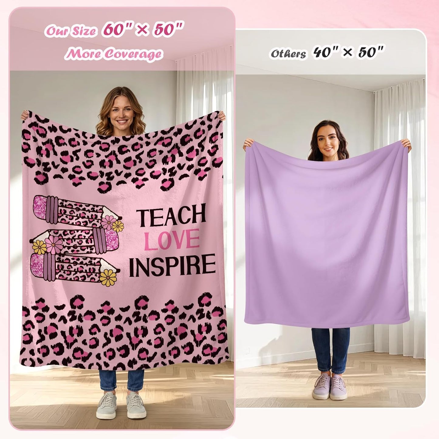 Teacher Appreciation Throw Blanket Thick 60''x50'' Extra Cozy Soft Heavyweight Fleece Couch Blanket Back to School Thank You Teacher Appreciation Gifts for Educators Tutors,1 Pack (Pink Leopard)