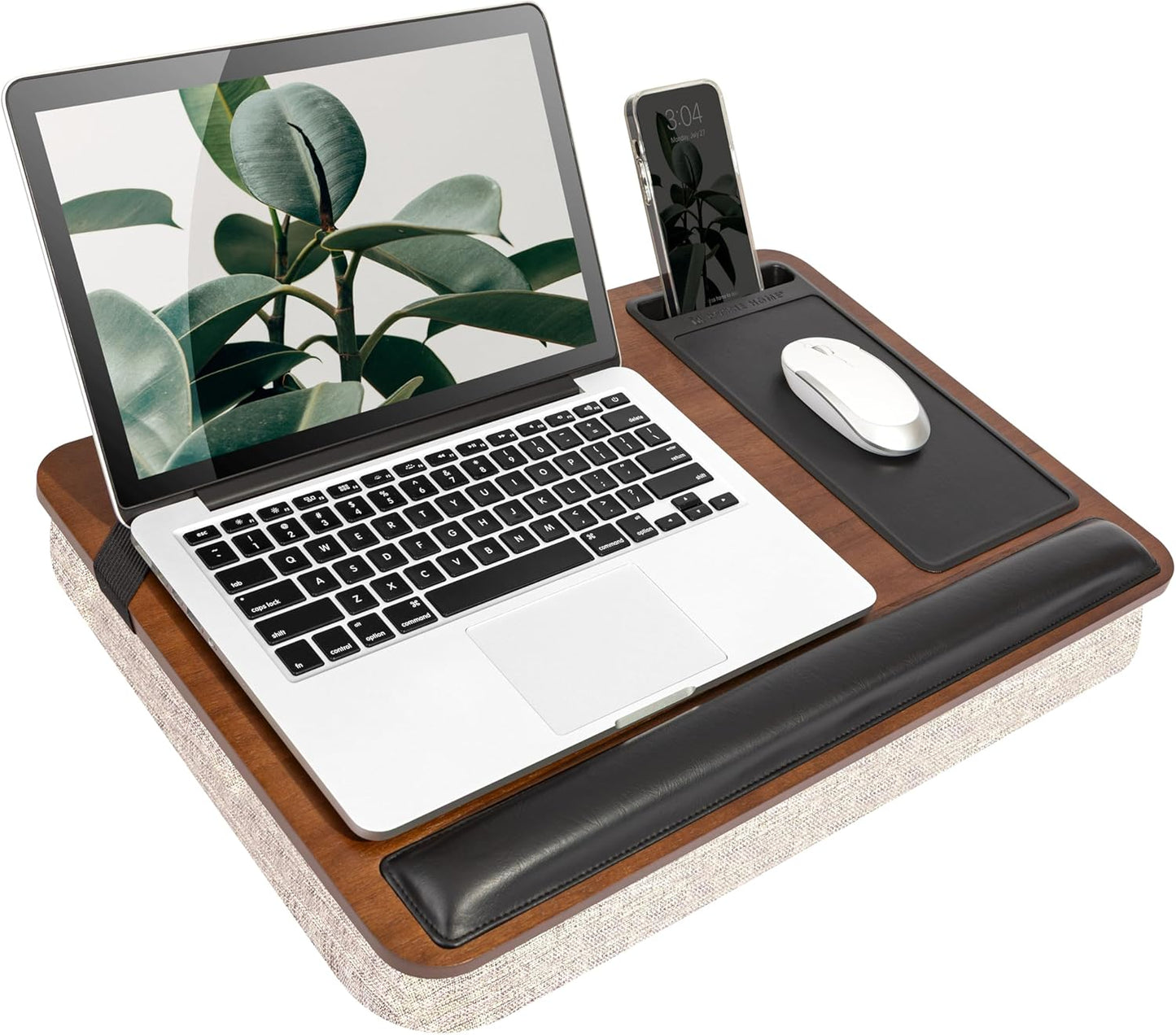 ROSSIE HOME Premium Acacia Wood Lap Desk with Wrist Rest, Mouse Pad, and Phone Holder - Fits up to 15.6 Inch Laptops - Java - Style No. 91712