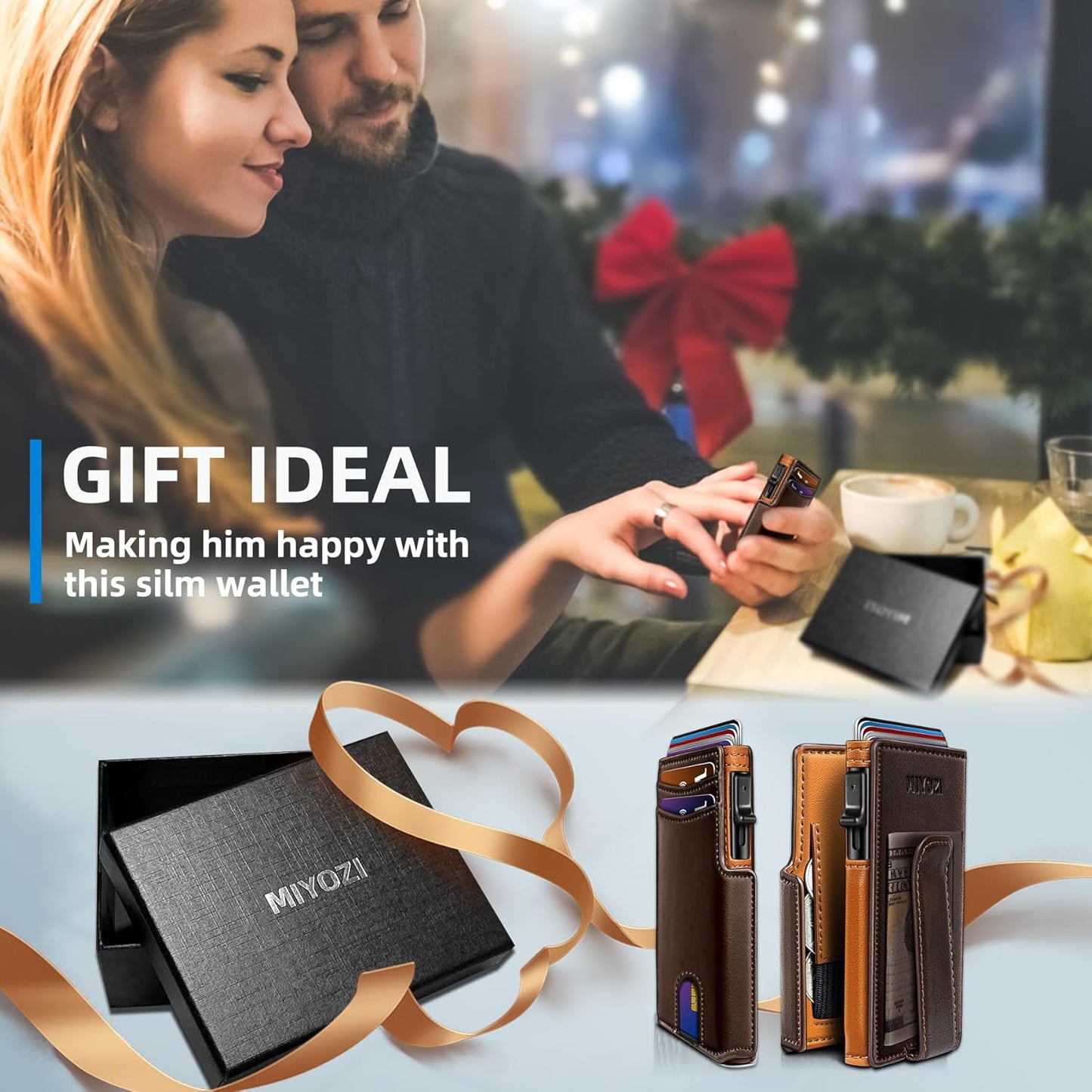Men Wallet,with Money Clip Coins Pocket ID Window,Slim Front Pocket RFID Blocking Pop-up Card Holder 3.9"x 2.7", Gift Boxed