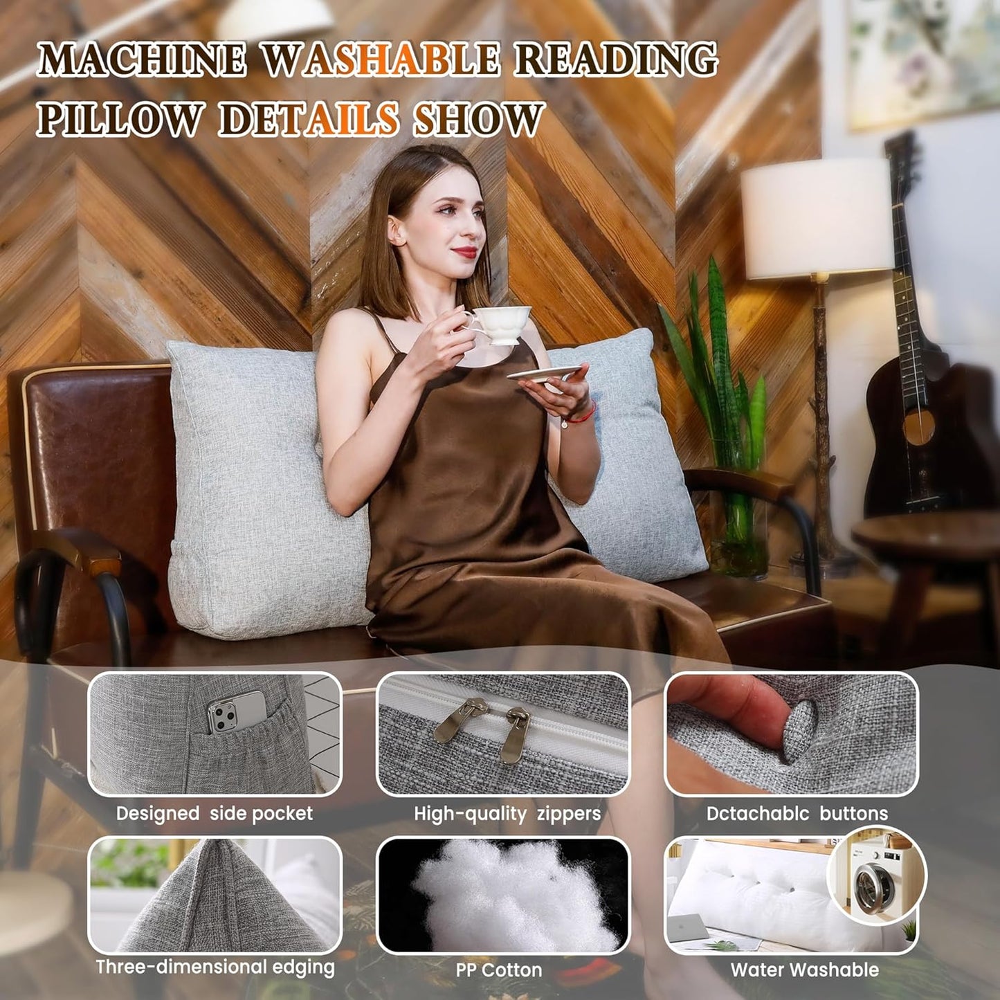 Twin Size Headboard Pillow - Premium Linen Fabric Reading Backrest Cushion for Bed & Sofa, Daybed Bolster Support with Detachable Neck Roll & Washable Cover, Grey
