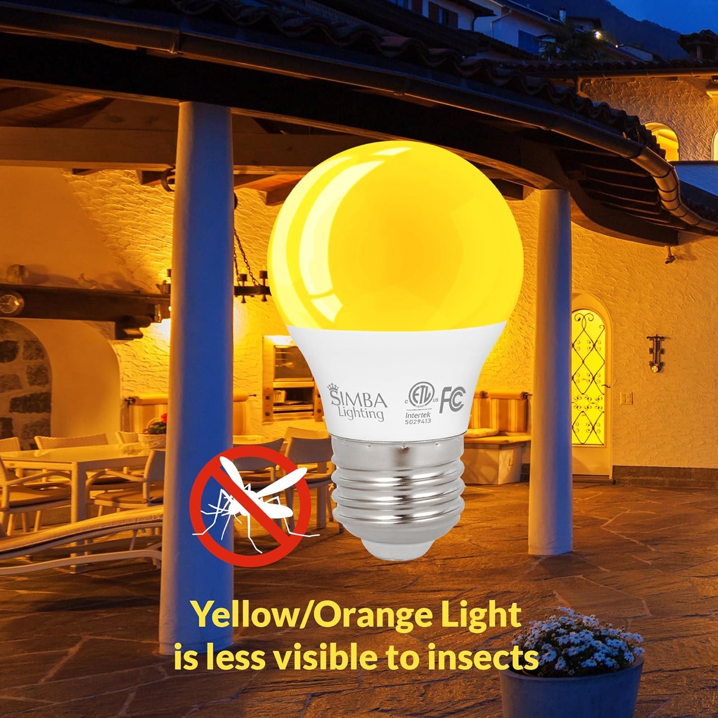 Simba Lighting LED Bug Non-Attracting Yellow Bulb ETL Listed 5W 40W Equivalent (4 Pack), Great for Outdoor Porch Light, Patio, Security, Night Light, Amber Warm Light, Compact A15 Shape E26 Base