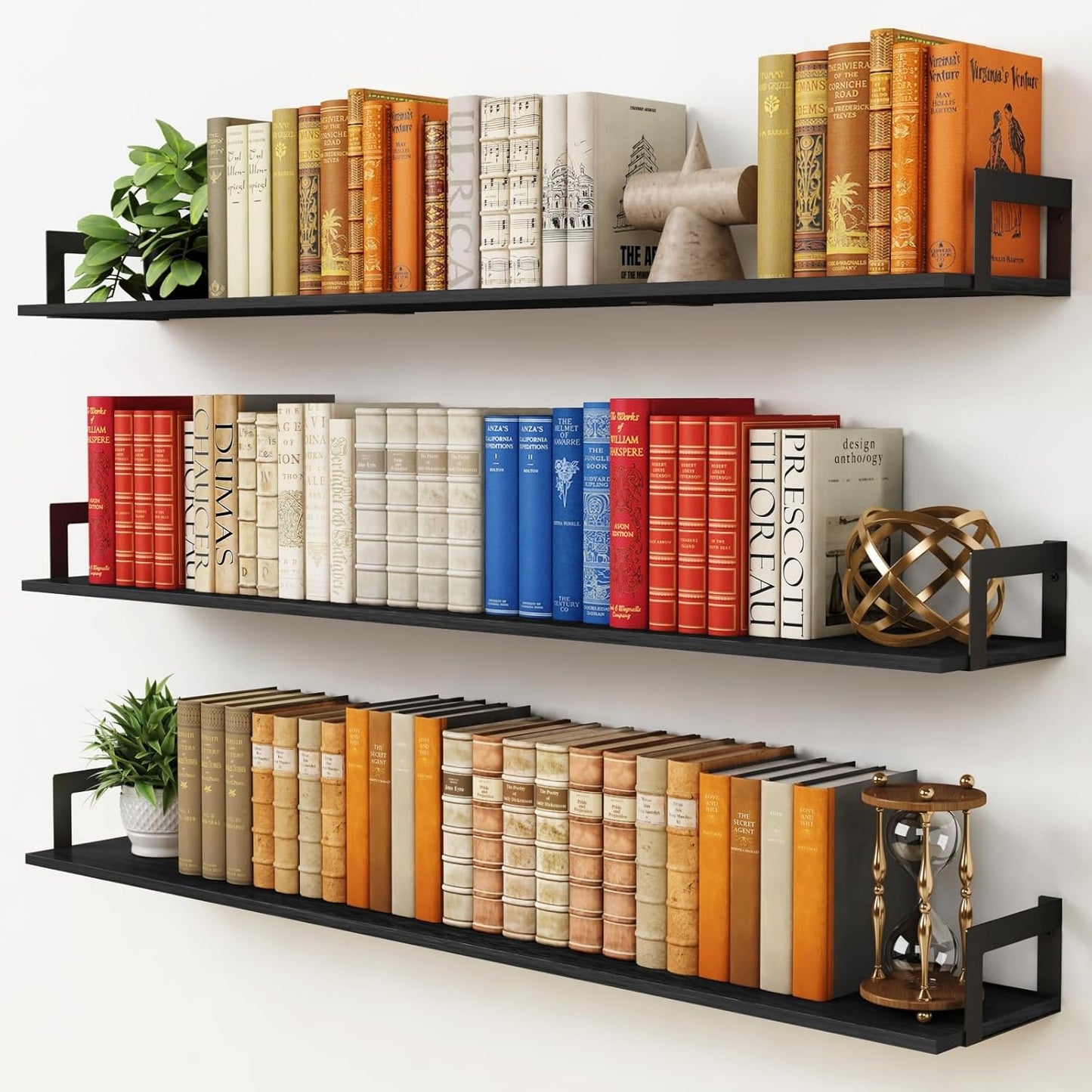 48 Inch Floating Shelves for Wall Set of 3, Long Wall Book Shelves for Bedroom Living Room, Large Vintage Floating Bookshelf for Office Classroom Library Kitchen Closet Organizer (Black)