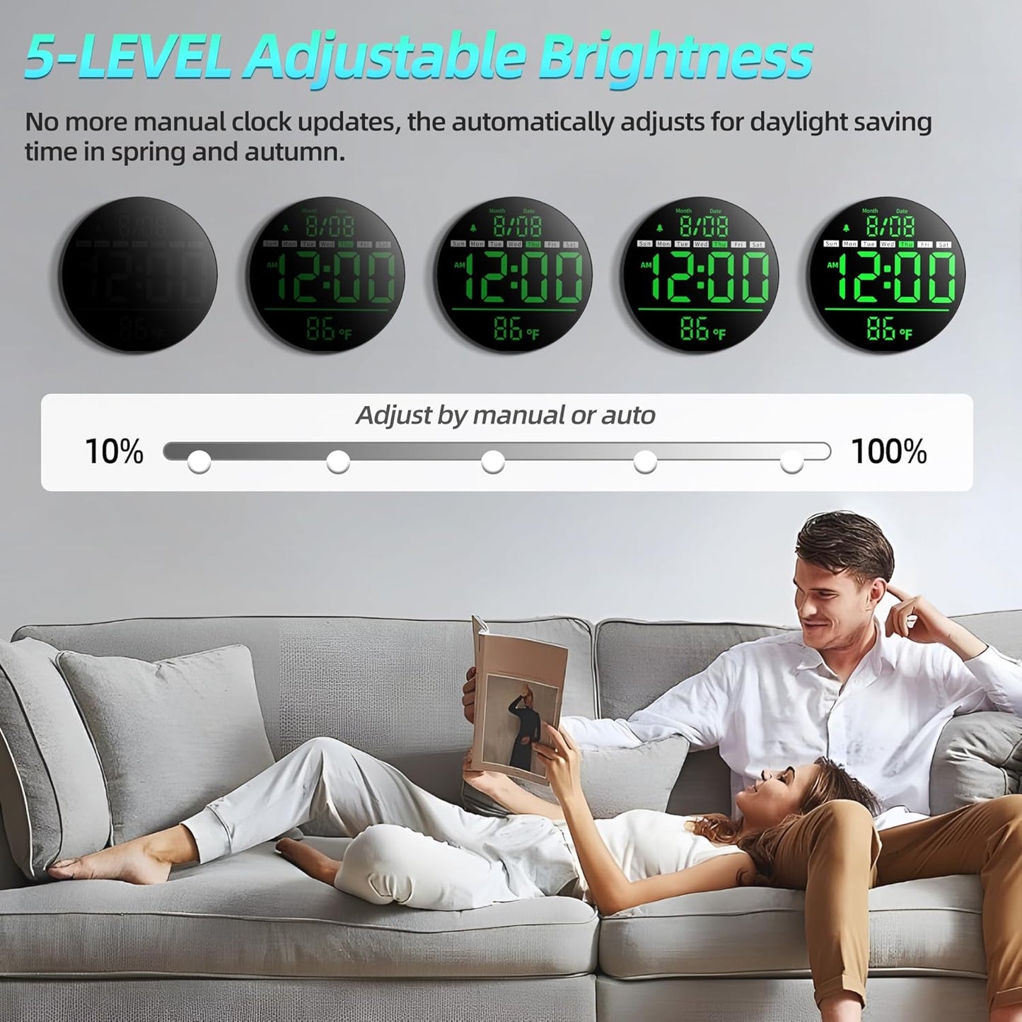 8in Round Digital Wall Clock, Large LED Display, Auto DST, Temperature, Alarm Clocks for Living Room, Bedroom, Office, Classroom, Gym Countdown Timer