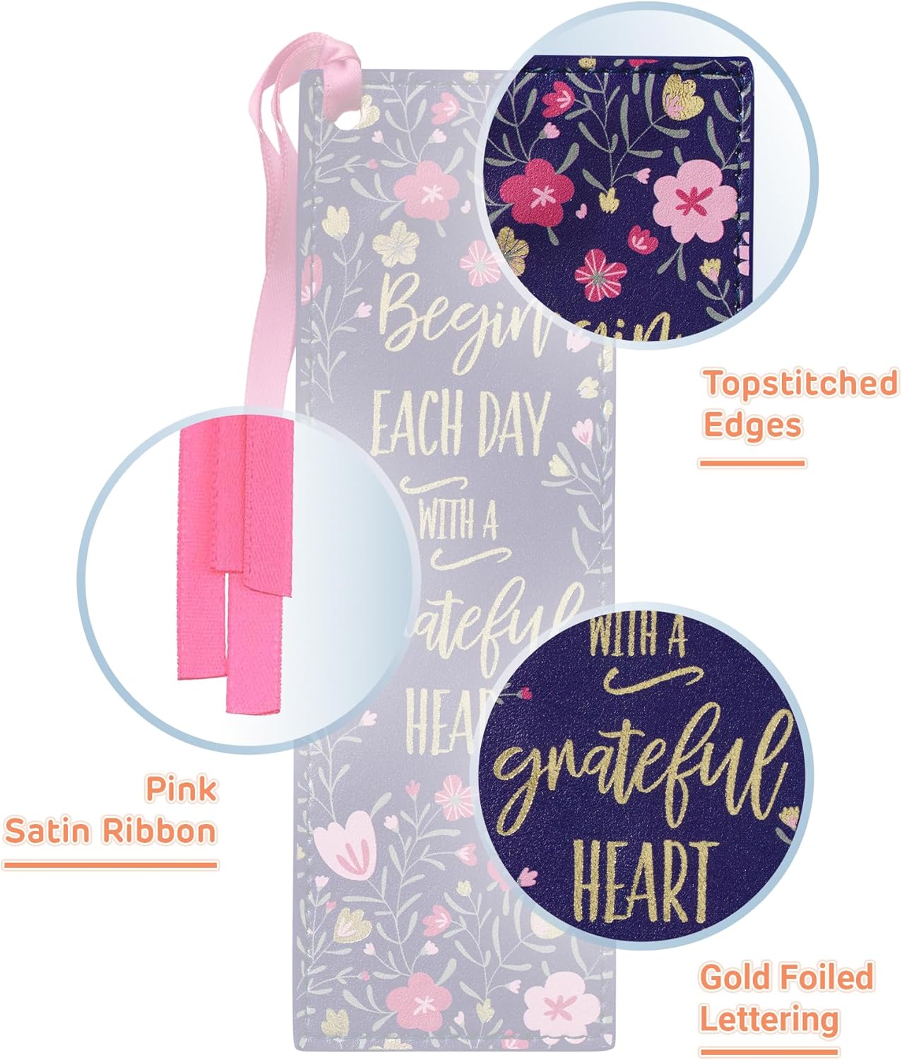 With Love Pink/Blue Faux Leather Bookmark for Women, Begin Each Day with A Grateful Heart Floral Debossed Design w/Gold Accents/Ribbon Tassel, Inspirational Encouraging Book Accessory for Booklovers