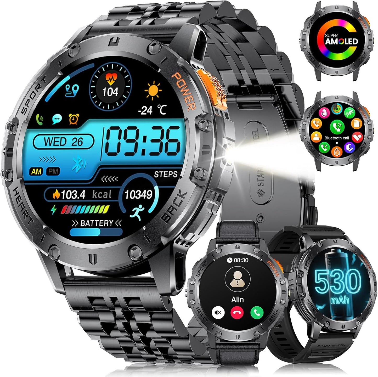 LIGE 1.43" AMOLED Smart Watch for Men with Flashlight, Bluetooth Calling, 100+ Sport Modes, 530mAh, IP68 Waterproof Fitness Tracker for Workout, iOS Android Compatible, Black Steel Leather