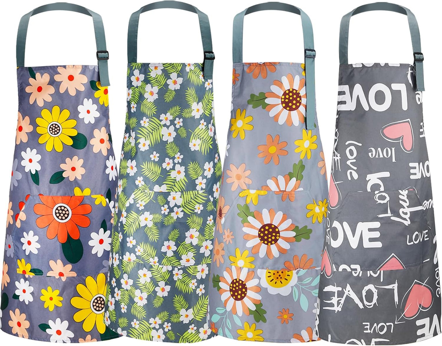 Jeffbaubl 4 Pack Floral Aprons with Pocket, Adjustable Cooking Aprons, Waterproof Aprons for Women, Kitchen Aprons with Pockets for Cooking Gardening Baking Salon