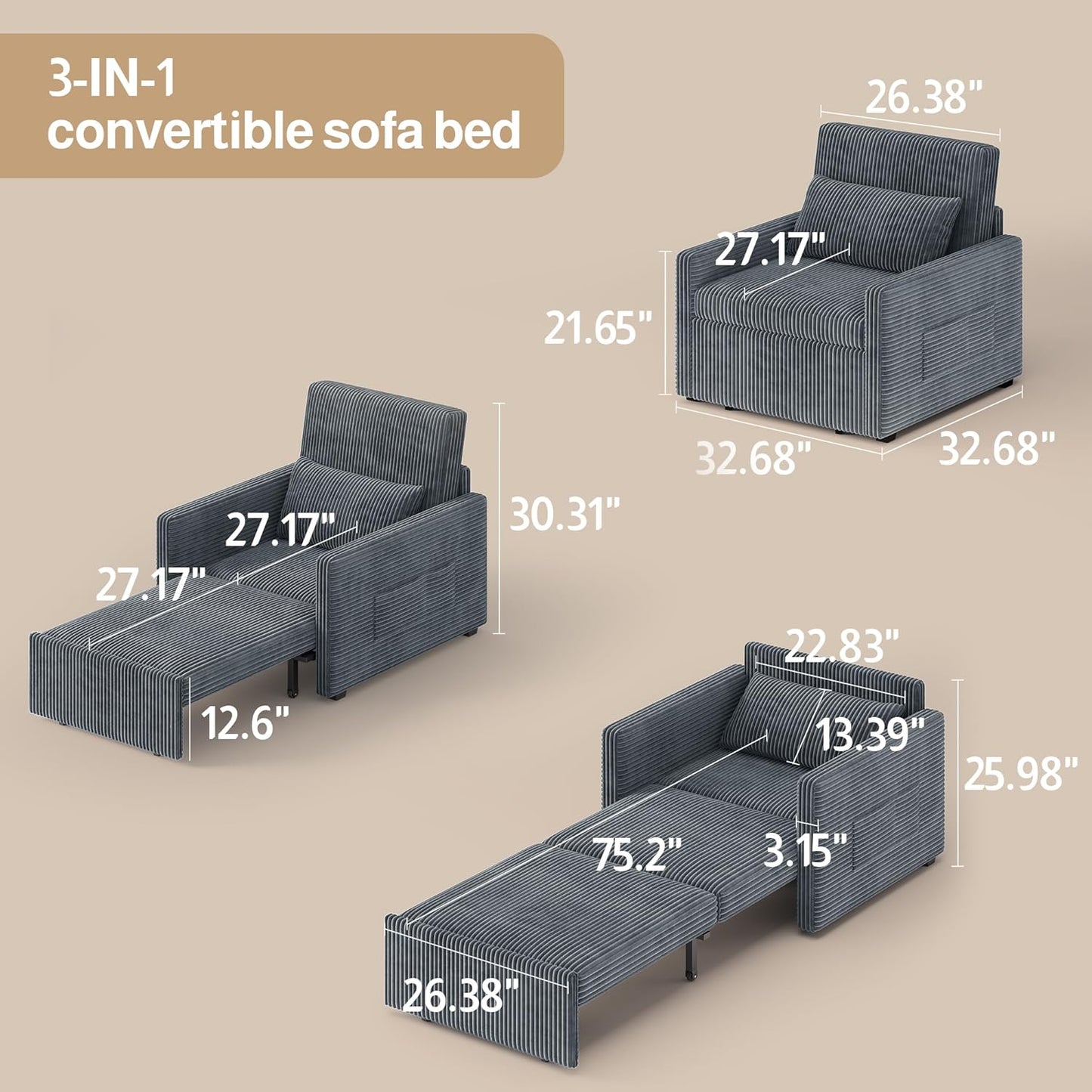 Ahomly 3 in 1 Pull Out Sleeper Chair, 75.2" Long Convertible Sofa Bed for Adults, Corduroy Armchair Chair Bed & Single Sleeper with Pillow for Dorm/Bedroom, Dark Grey