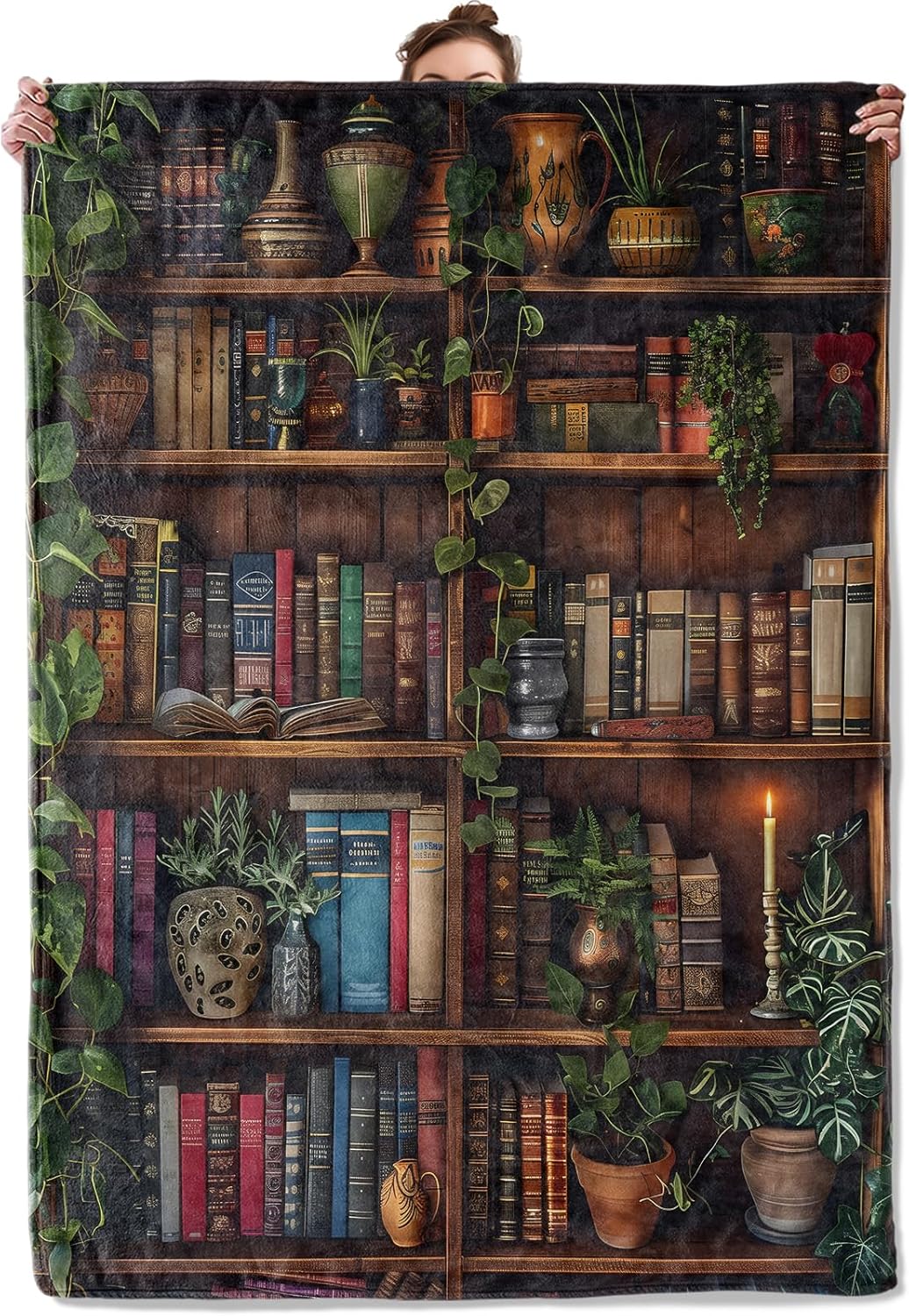 Vintage Library Bookshelf Throw Blanket for Couch Picnic Camping Bedroom Decor, Classic Books Potted Plants Warm Candlelight, Super Soft Cozy Fluffy Blankets Gifts for Bookworm, 60x50 Inch