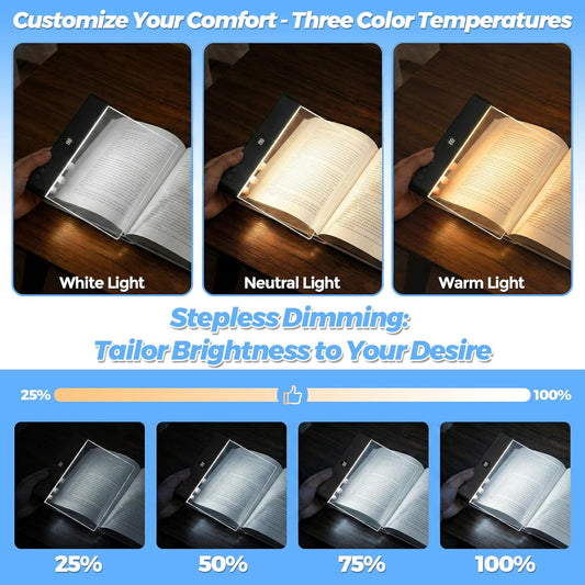 Book Light, Rechargeable Led Reading Light 3 Color Flat Book Lamp, Dimmable Panel Plate Lamp Book Full Page Light with Timer Stepless Gifts for Readers Women Men Reading in Bed at Night (Black)