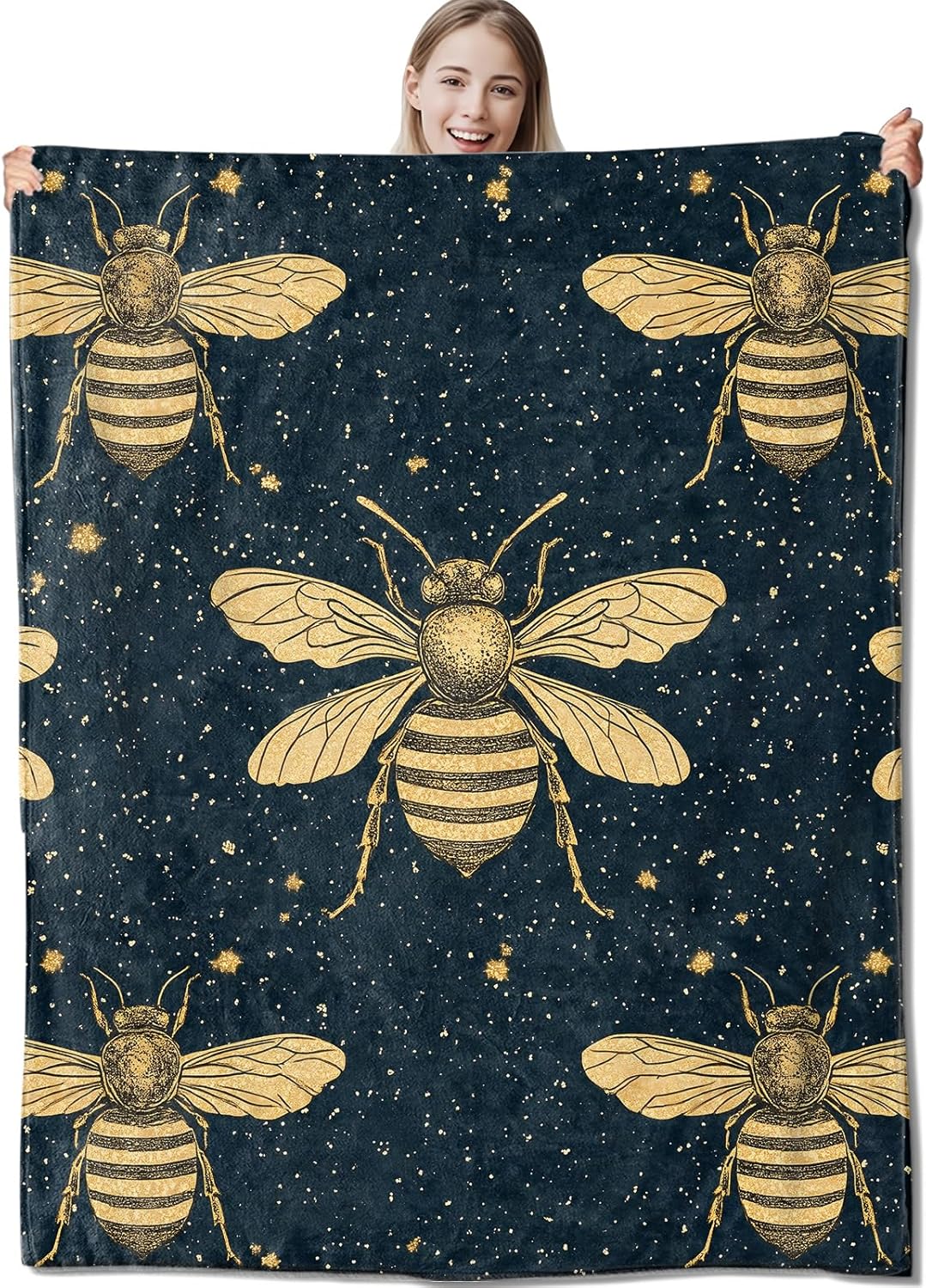 Bee Flannel Throw Blanket 50x60 Inch, Vintage Insect Bumblebee and Starry Sky Pattern on Navy Background Blankets Soft Cozy Fleece Throws for Nature Lover Bed Sofa Dorm Decor Gifts
