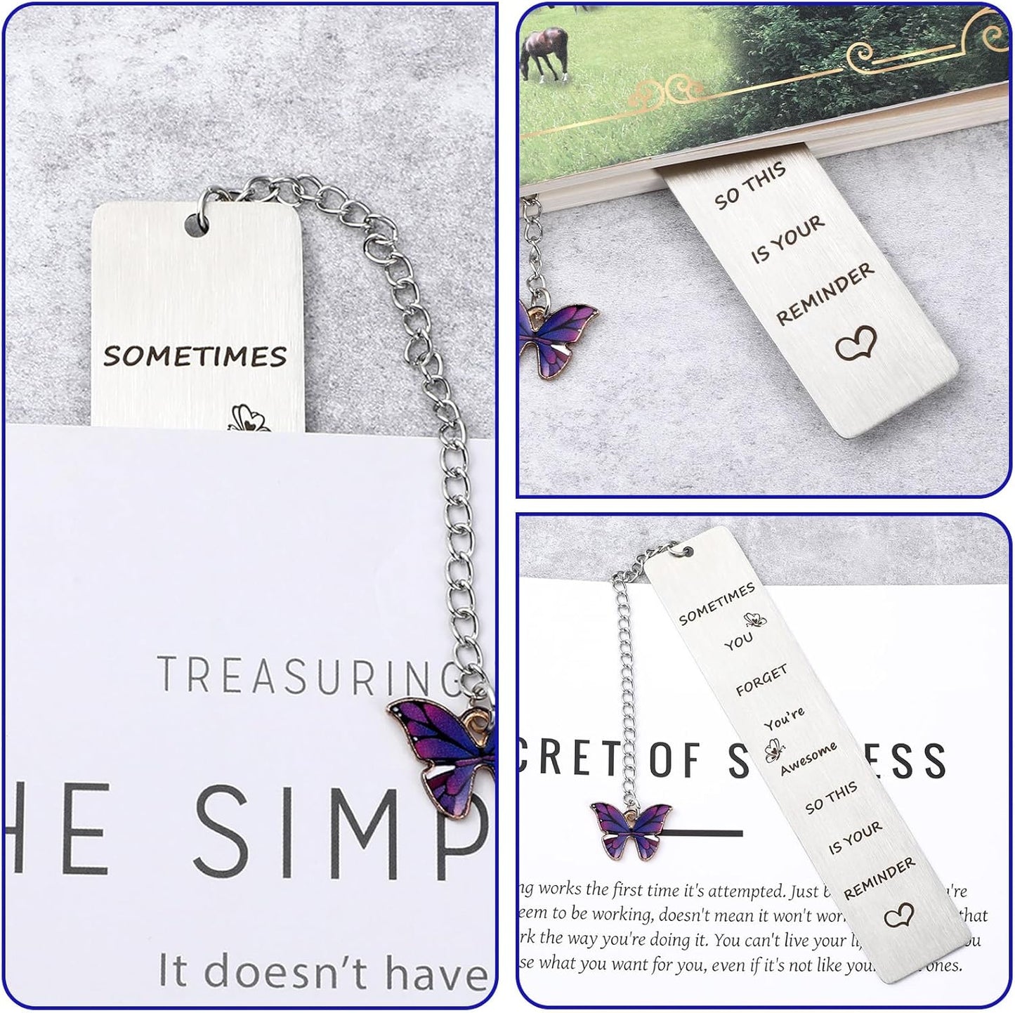 Inspirational Gifts Bookmarks, Sometimes You Forget You're Awesome So This is Your Reminder with Butterfly Pendant Motivational Stainless Steel Book Markers Rulers for Reading()