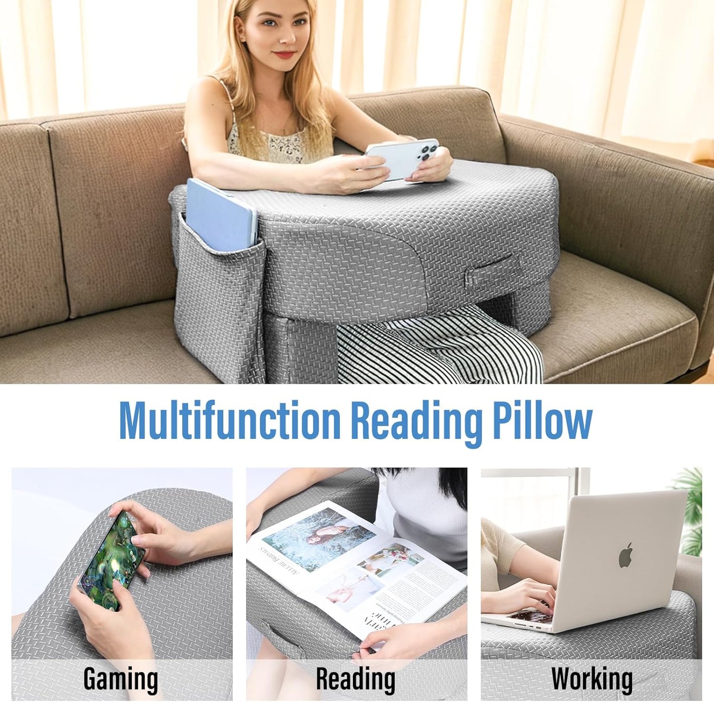 LEBENGURU Reading Pillow for Laptop, Extra Large Armrest Gaming Pillow for Working, Hight Adjustable Lap Desk Pillow for Adult Sitting in Bed, Floor, Sofa