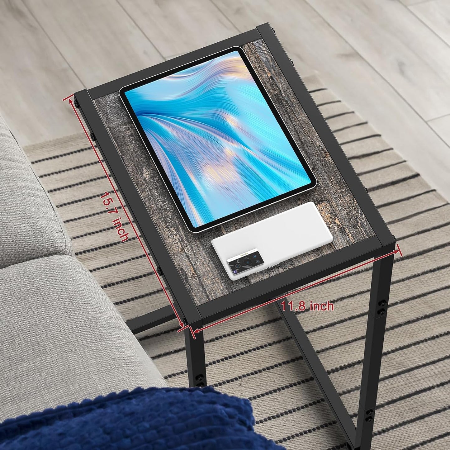 C Shaped End Table Living Room Set of 2 Tray Tables with Metal Frame for Small Spaces, Side Table for Couch Slide Under Sofa, Bedroom, Dark Gray