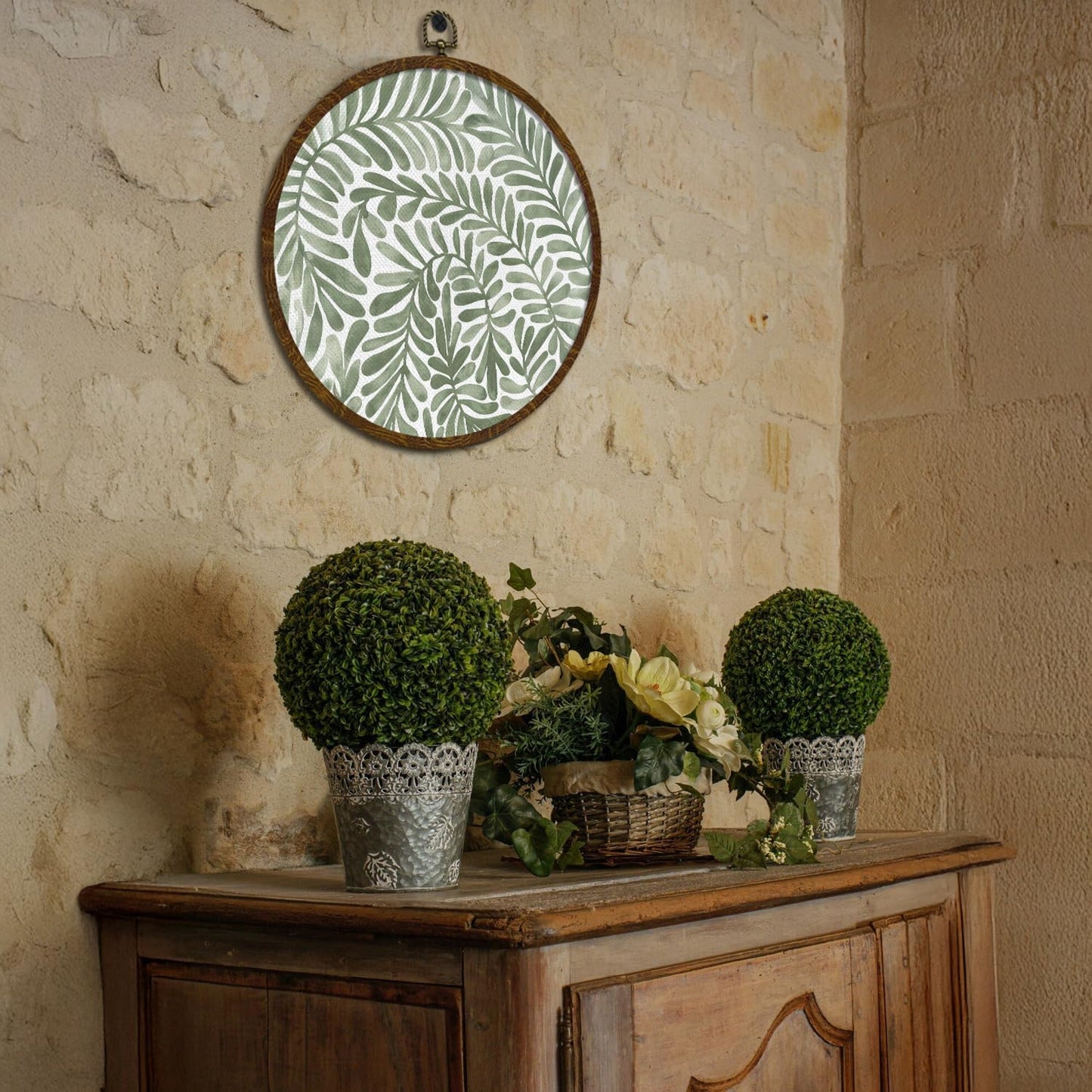 KLYTINK Boho Botanical Leaf Round Wall Art 10"x10", Linen Canvas Floral Print,Vintage Green Aesthetic Wall Decor for Bedroom, Living Room, Home Decoration, Gift for Christmas(BY805)