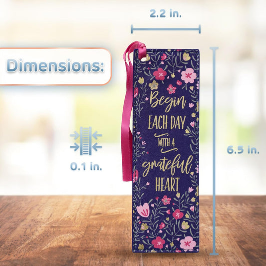 With Love Pink/Blue Faux Leather Bookmark for Women, Begin Each Day with A Grateful Heart Floral Debossed Design w/Gold Accents/Ribbon Tassel, Inspirational Encouraging Book Accessory for Booklovers