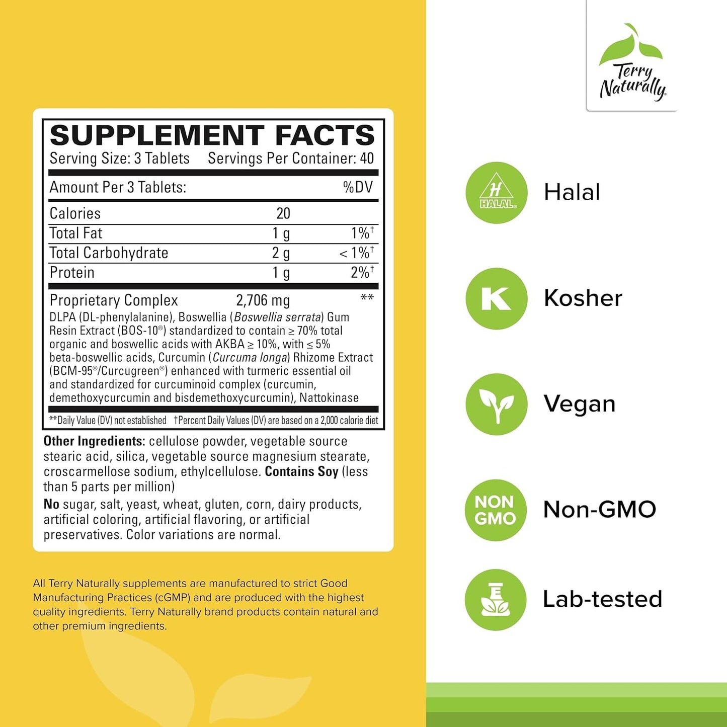 Terry Naturally Curamin Extra Strength - 120 Vegan Tablets - Non-Addictive Pain Relief Supplement with Curcumin from Turmeric, Boswellia & DLPA - Non-GMO, Gluten-Free - 40 Servings
