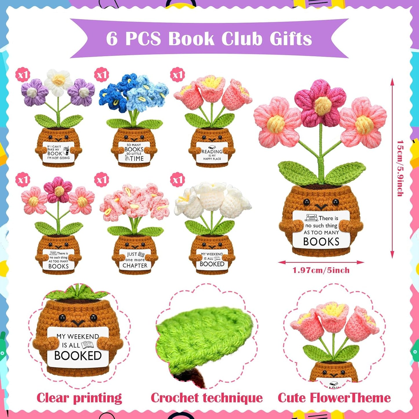 Wavwavw 6 Pcs Book Club Gift Book Lover Gift Bulk Crochet Flower Handmade for Bookish Bookshelf Deck Decor Librarian(Flower)