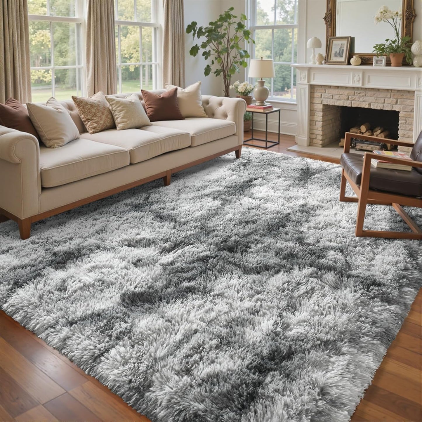 5x7 Ft Large Shag Rugs for Bedroom Living Room, Tie Dyed Ultra Soft Fluffy Furry Area Rug for Indoor Floor, Aesthetic Carpet for Home Decor (Grey)