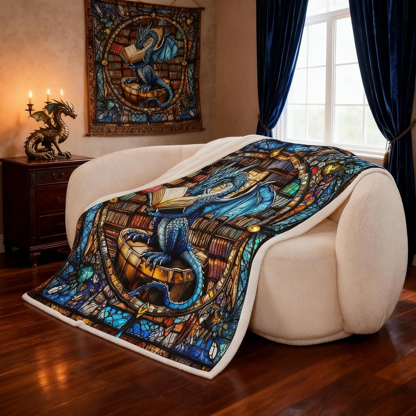 Manfei Western Dragon Kids Throw Blanket,Blue Dragon Reading Book Bookshelf Bed Blanket for Boys Girls,Geometric Patchwork Abstract Fleece Blanket,Trippy Chic Fuzzy Blanket,Twin Size (60 x 80 Inches)