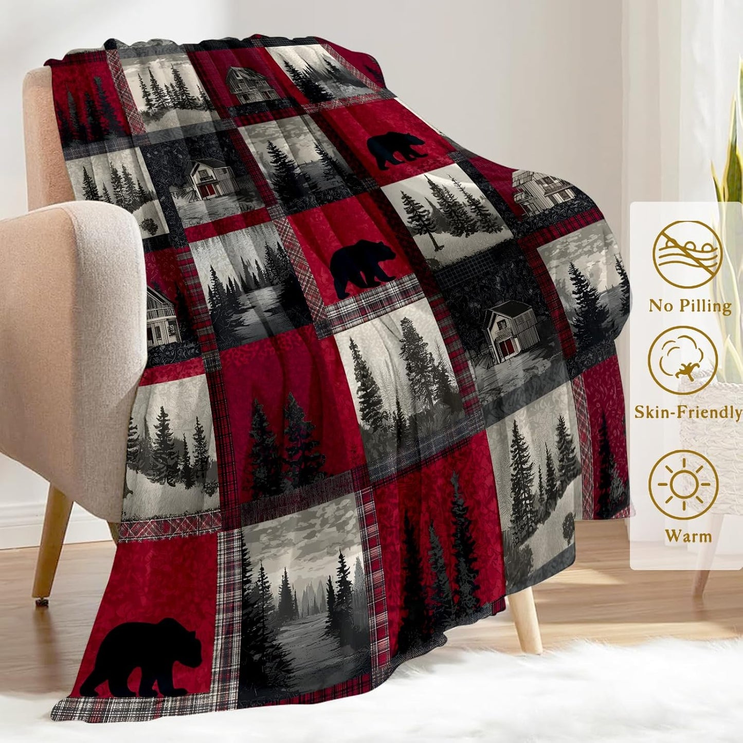 Rustic Christmas Decorative Blanket, Bear Cabin Forest Patchwork Print Throw Decoration, Soft Flannel Winter Blankets for Couch Bed Sofa, Holiday Home Decor, Xmas Festival Gifts 50x60 Inch