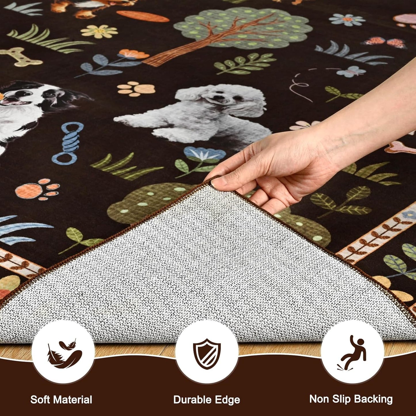 ST. BRIDGE 4ft Brown Round Area Rug, Washable Boho Animal Dog Non-Slip Circle Rug, Soft Thin Stain-Resistant Low-Pile Carpet for Entryway Kitchen Living Room Bedroom Nursery Kids Playroom