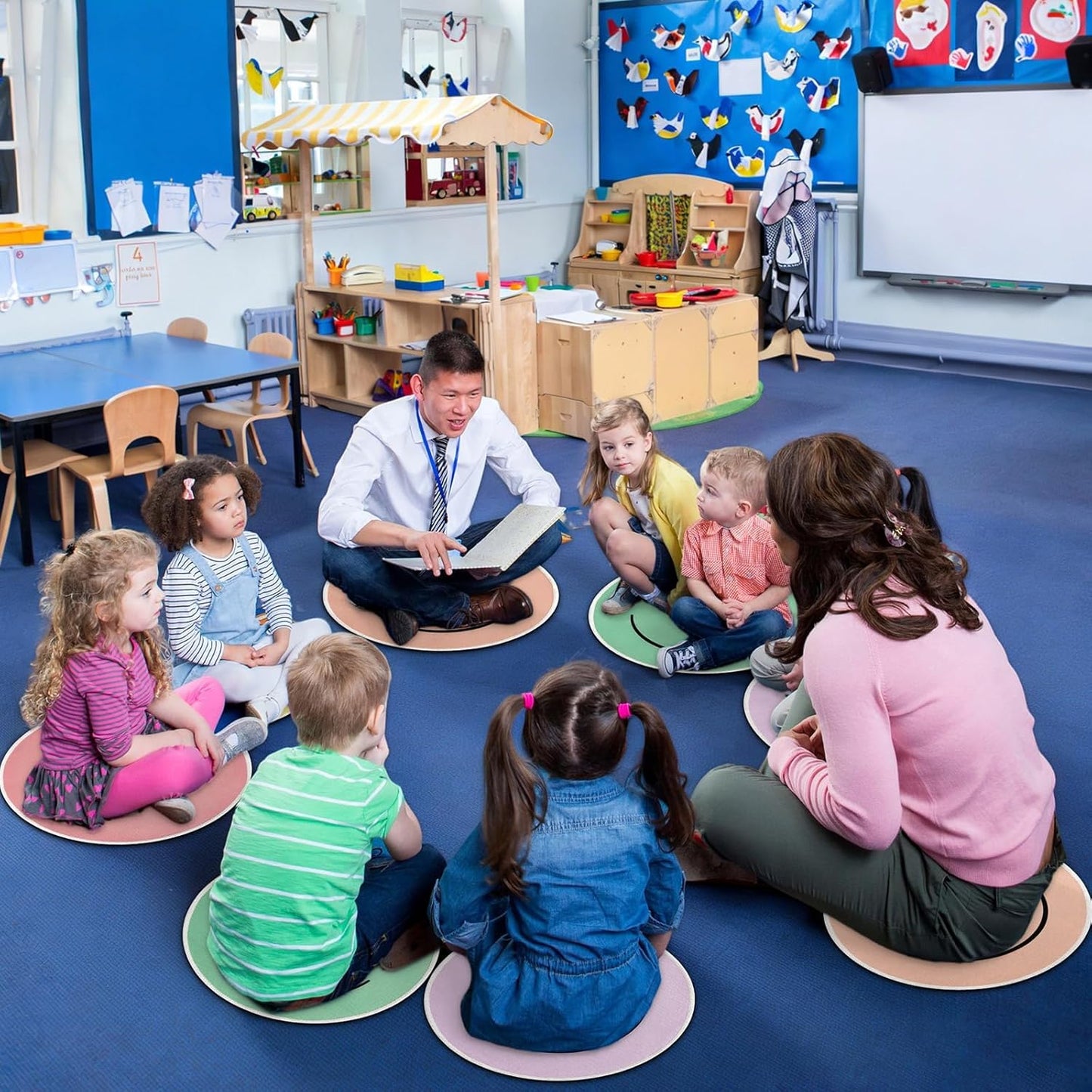 OBUSATT 12Pcs Carpet Circle Seats 15 Inch Round Classroom Rug for Calming Corner Supply Non Slip Floor Cushions Mat for Back to School Mental Health Nursery Learning Playing Areas Decor(Smile Face)