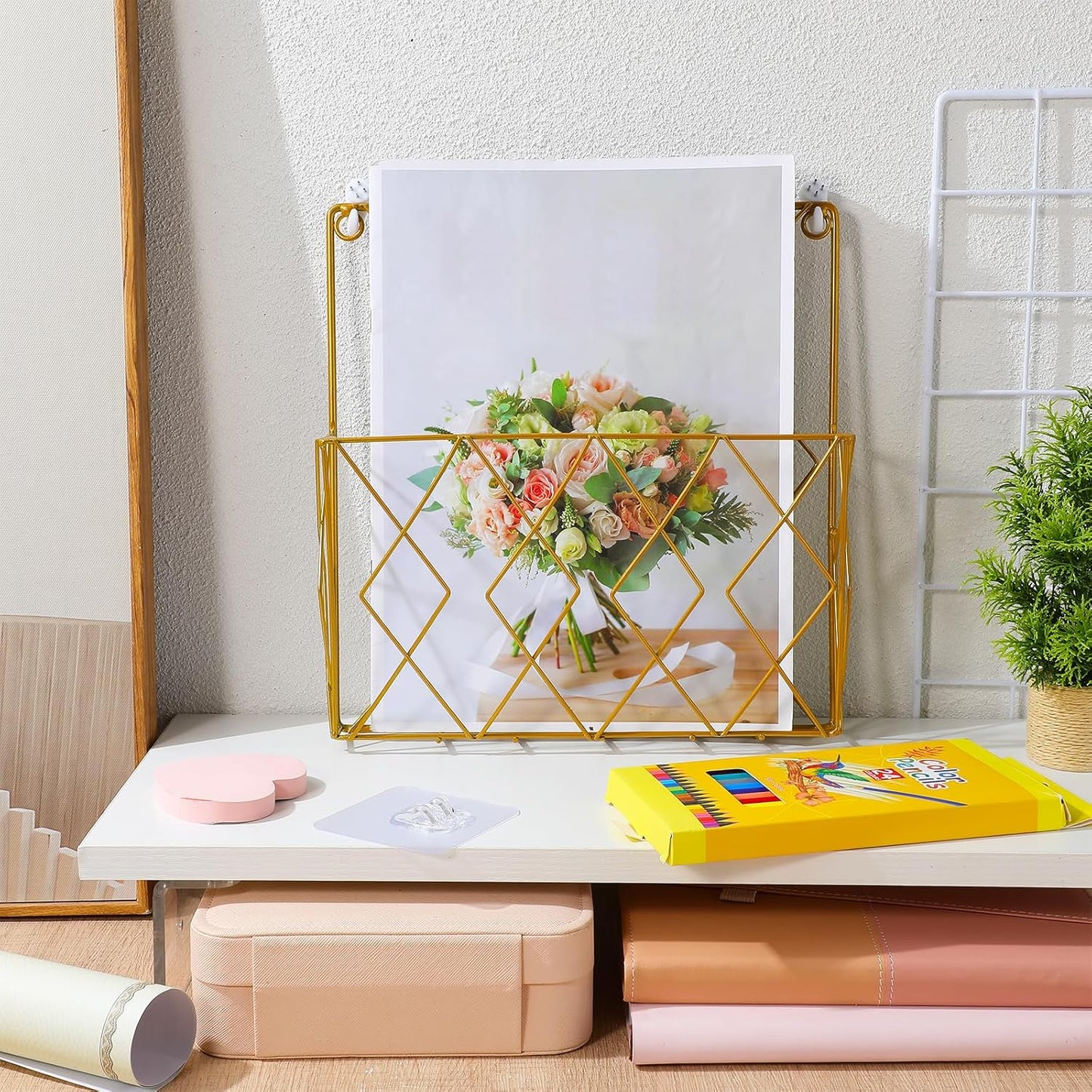Milisten Wall Mounted Magazine Holder Rack, Gold Iron Book Display Stand Organizer for Newspapers, Comics, and Bathroom Storage, Space-saving Literature Shelf for Home and Office