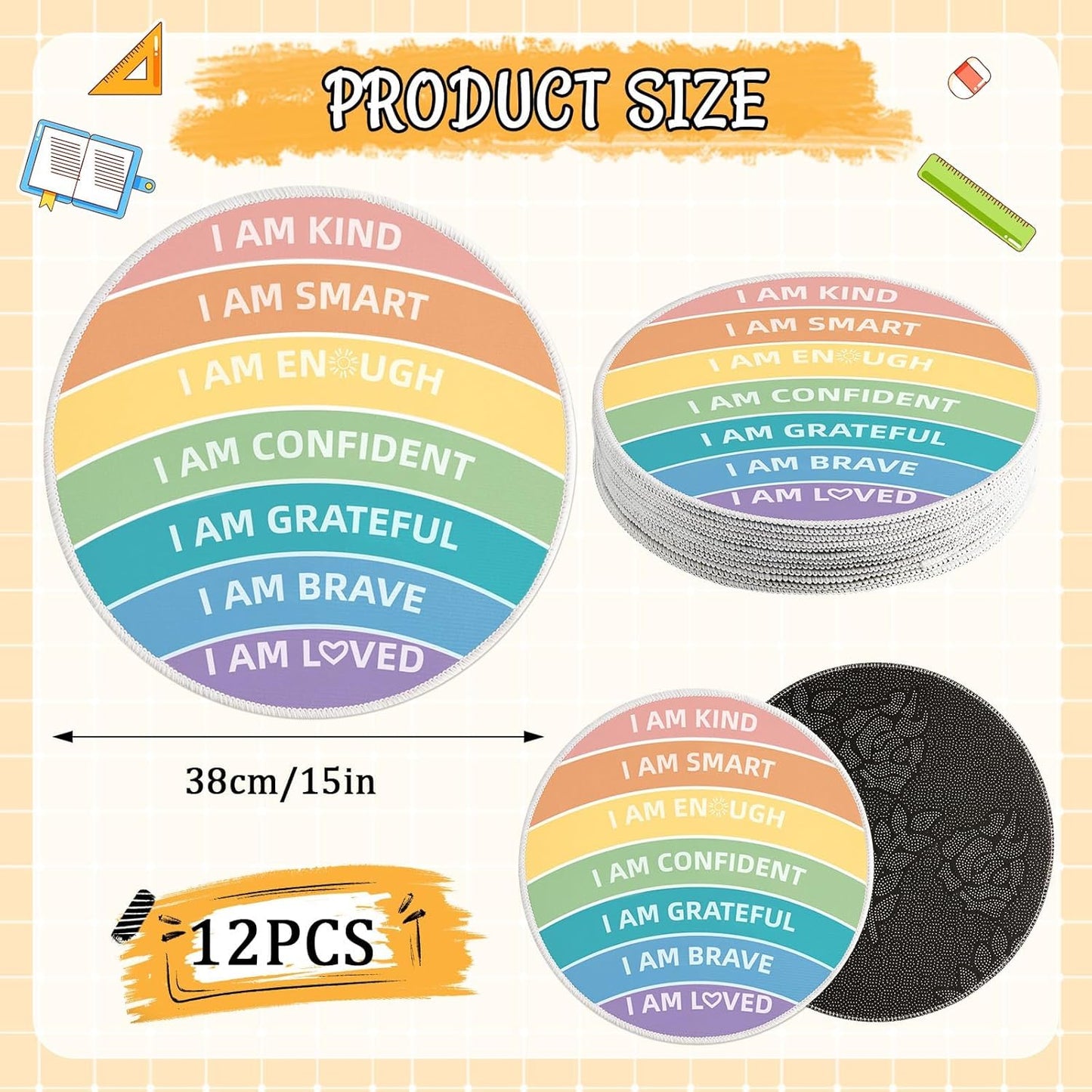 12 Pcs Carpet Circle Seats 15 Inch Positive Affirmations Round Classroom Rug for Non Slip Floor Cushions Mat for Back to School Nursery Learning Calm Down Corner Playing Areas Decor(Rainbow)