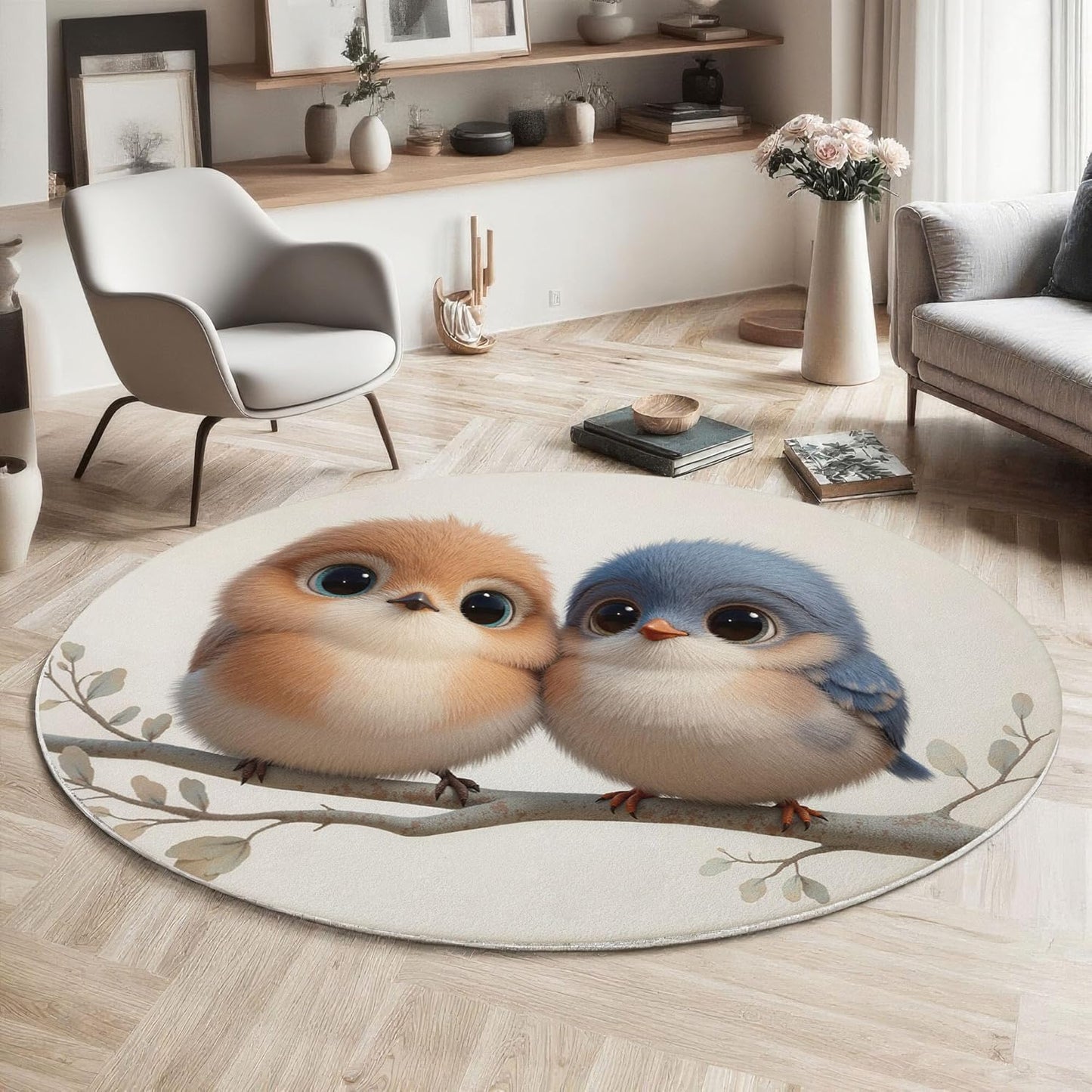 Round Area Rug, 3Ft Washable Non-Slip Beige Cute Plush Bird Circle Rug, Soft Low-Pile Cartoon Animal Indoor Small Circular Carpet for Bedroom Entryway Dining Living Room