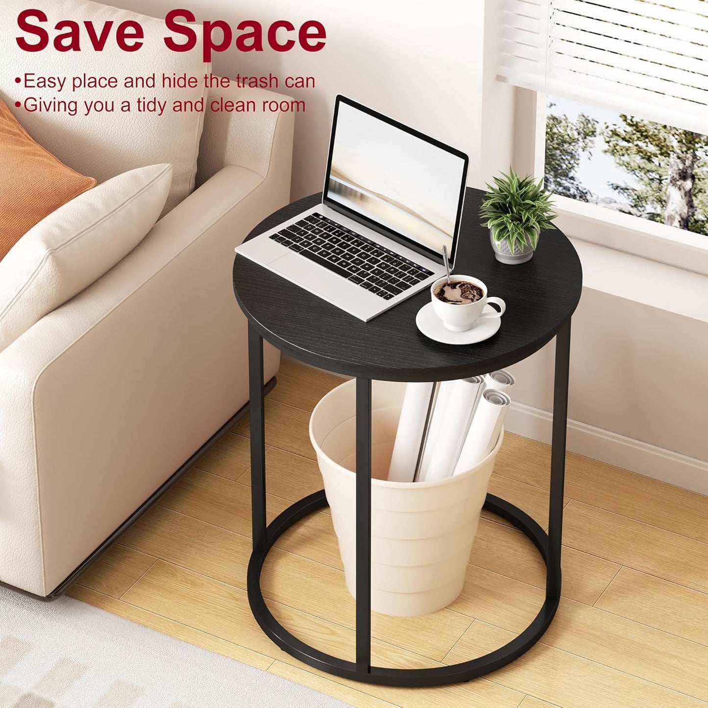 Yusong Round End Table, 20" Accent Small Side Table Suitable for Hiding Trash Can, Nightstand Modern Bedside Table for Living Room Bedroom Office Small Spaces, Black