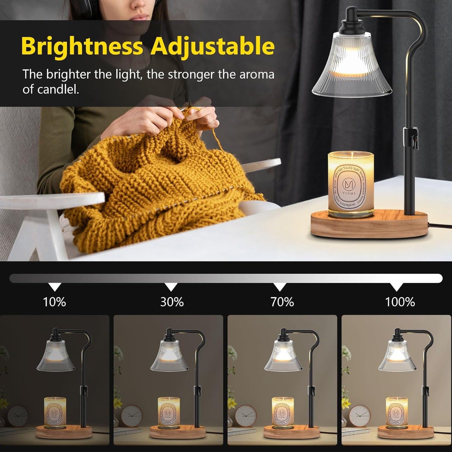 Flameless Candle Warmer Lamp, Candle lamp Warmer with Timer, Dimmable/Adjustable Height Electric Candle Warmer, Wooden Electric Wax Melt with 2 Bulbs for Scented Jar Candles Home Decor Christmas Gifts