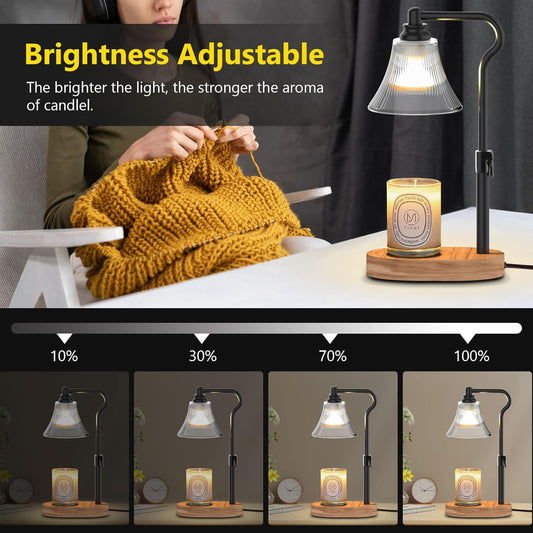 Flameless Candle Warmer Lamp, Candle lamp Warmer with Timer, Dimmable/Adjustable Height Electric Candle Warmer, Wooden Electric Wax Melt with 2 Bulbs for Scented Jar Candles Home Decor Christmas Gifts