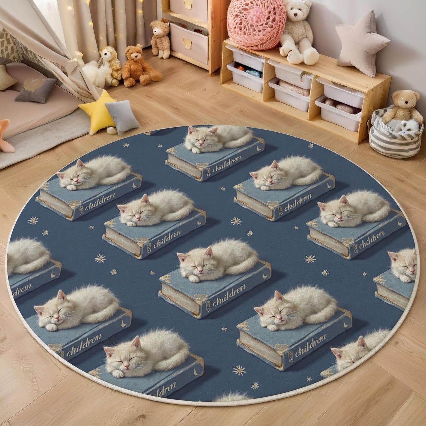 Washable Cute Cat Books Area Rug, 6Ft Round Rugs for Living Room Soft Carpet for Bedroom Animals Starry Sky Indoor Stain Resistant Non-Shedding Floor Carpet, Navy Blue, 6Ft-Round