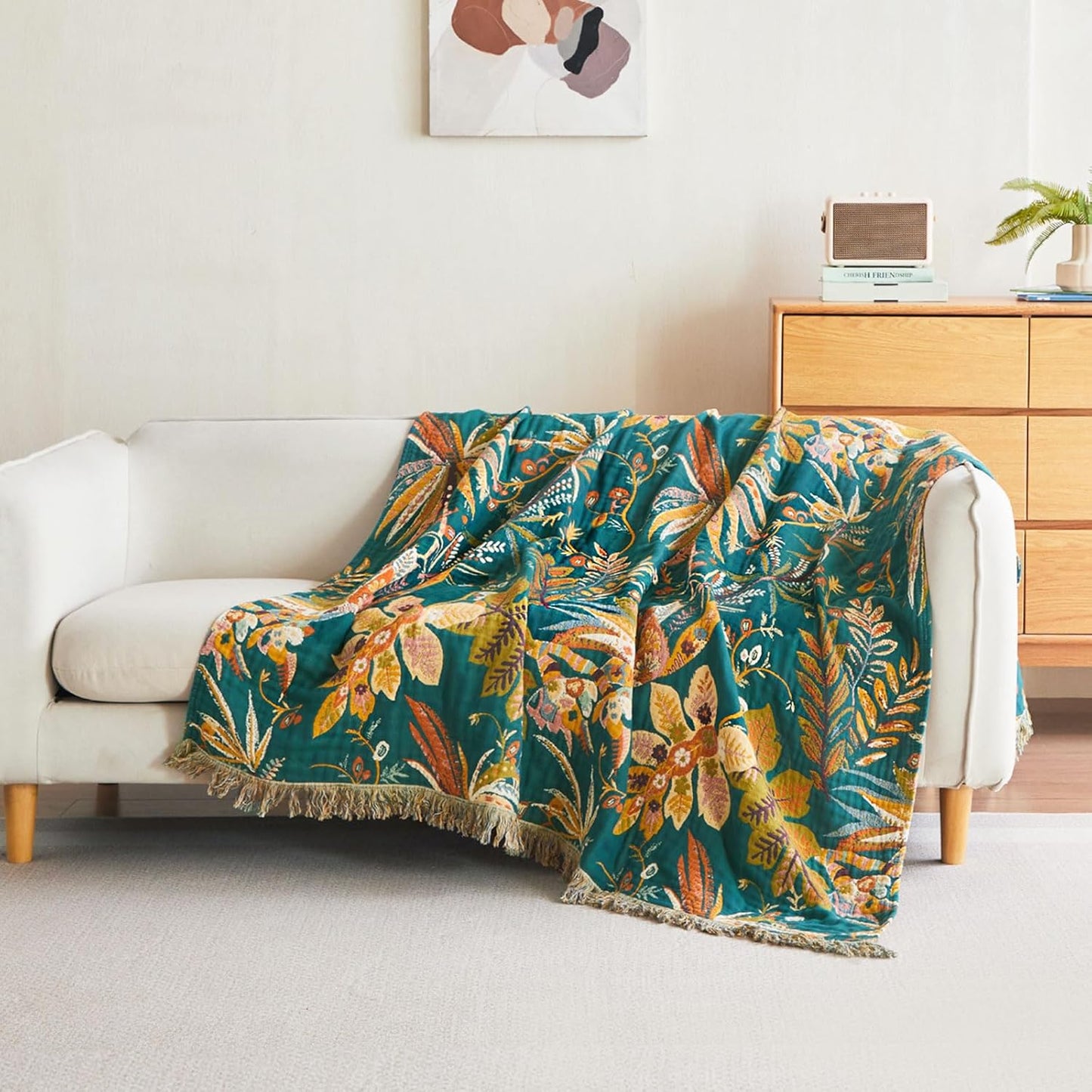 Boho Throw Blanket - 60"x80" Soft Cotton Throw Blanket Muslin Blankets for Bed, Reversible Lightweight Spring Blanket with Floral Printed, All Season Farmhouse Decor Rustic Blanket