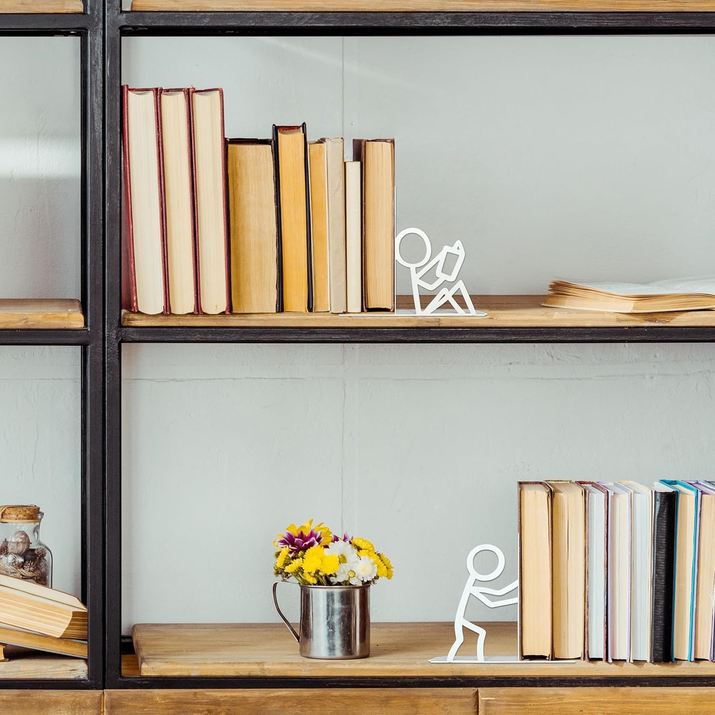 Metal Unique Office Desk Bookends Bookends Decorative Cute Book Ends Reading Decor Bookshelf Decor for Office School Library Bedroom, Book Lovers Gift（White）