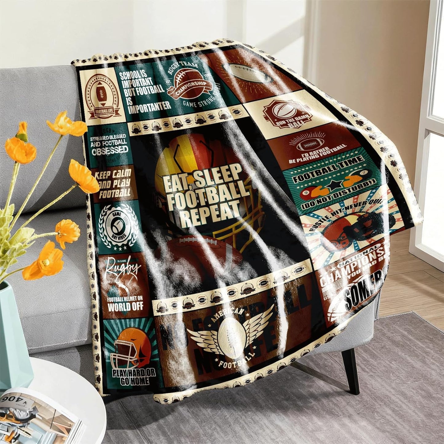 American Football Throw Blanket 50x60, Soft Flannel Fleece, Retro Helmet Collage, Game Day Stadium Couch Bed Sofa, Lightweight Warm, Machine Washable Sports Gift for Fans Adults Teens