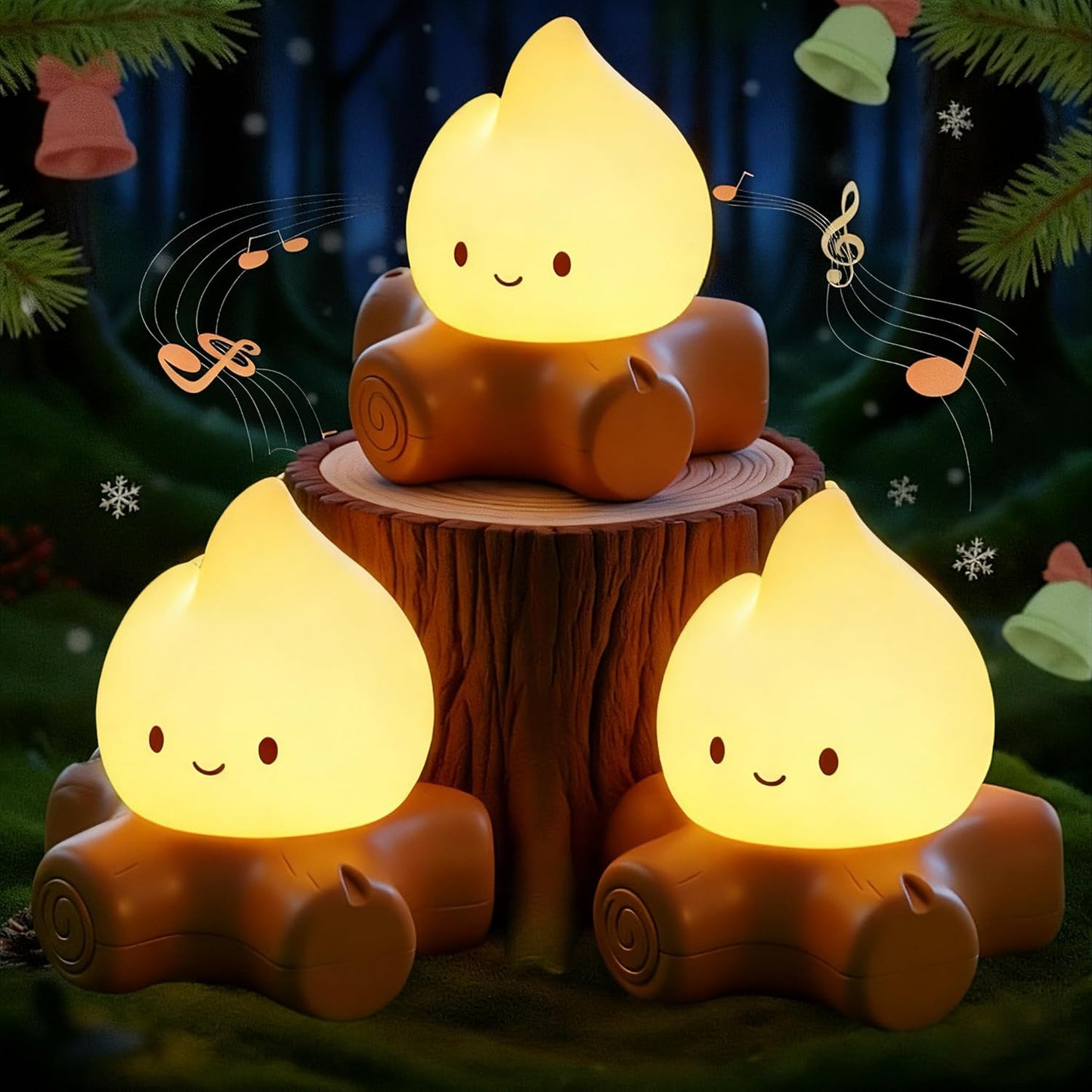 3 Pcs Campfire Night Light, Rechargeable Flame Lamp with 5 White Noise, Dimmable Flameless Candles Lights, Portable LED Ambiance Light for Camping Indoor Outdoor Holiday Decor Gifts