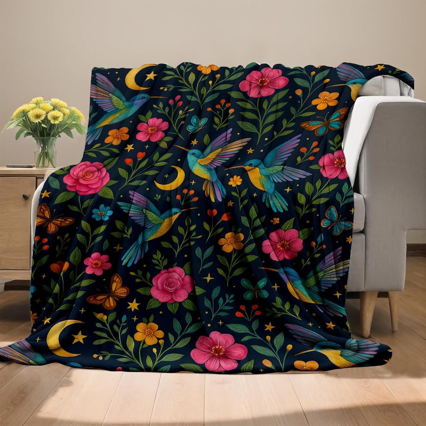 Floral Hummingbird Blanket, Bird and Flower Flannel Throw, Soft Cozy Lightweight Throws Blankets for Women Kids Girls, Colorful Home Decor for Sofa Couch Bedroom Home, 60x50 Inch