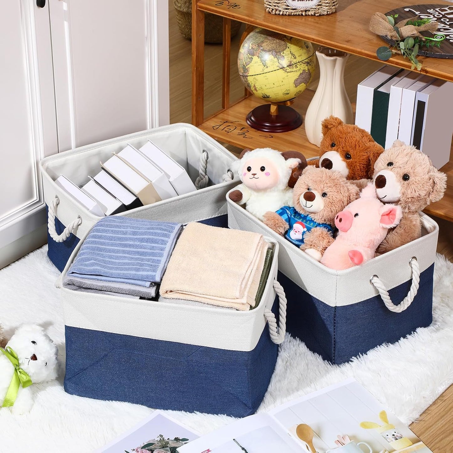 10 Pack Large Collapsible Fabric Storage Baskets with Handles Decorative Storage Bins for Organizing Shelves Toys Clothes(White & Dark Blue,16 x 12 x 10 Inches)