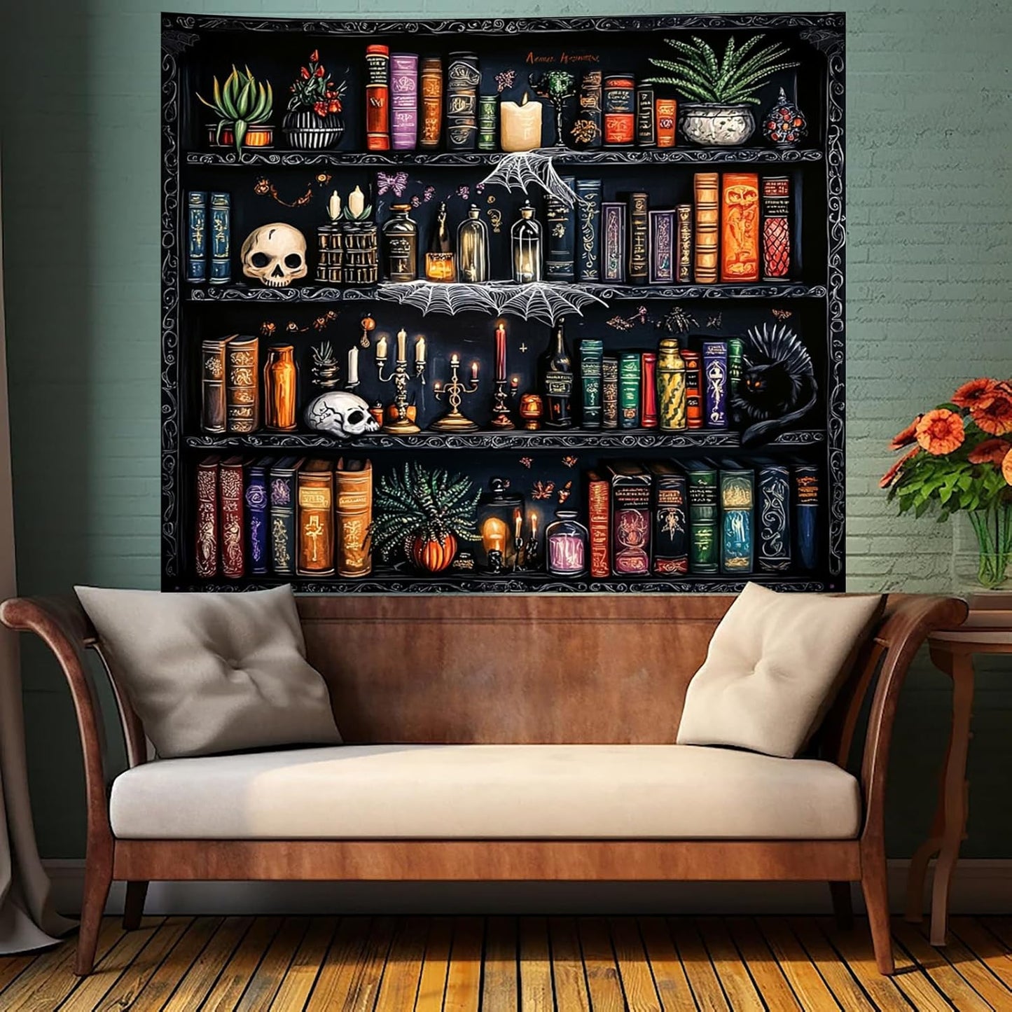 Algasan Magic Bookshelf Tapestry Magical Book Tapestry Gothic Witchy Vintage Library Skull Potion Black Cat Candle Botanical Backdrop for Bedroom Living Room Dorm 78.7 x 59.1 Inches