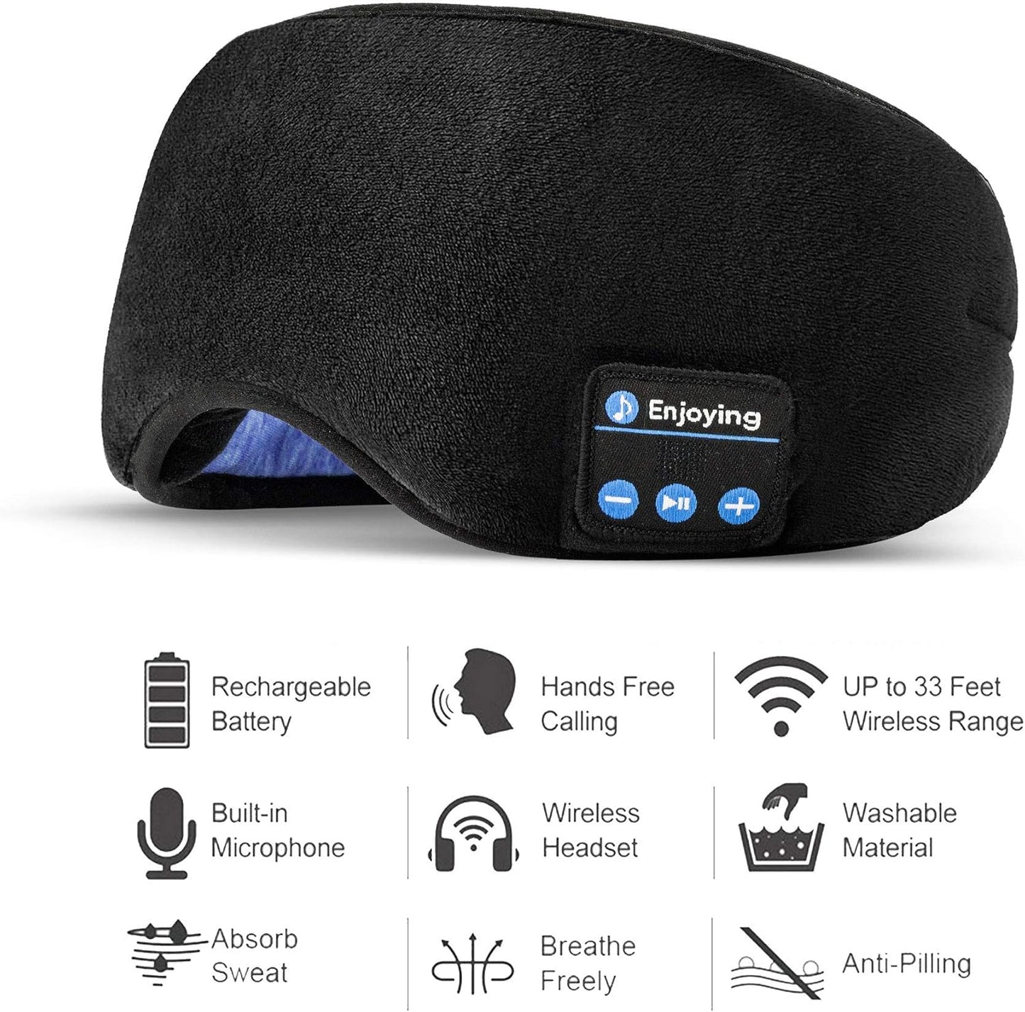 Voerou Sleep Headphones 5.2 Bluetooth Sleep Mask with Music and Ultra Thin Speakers Perfect for Sleeping, Air Travel,Meditation and Relaxation，Unique Gifts for Men Women - Black
