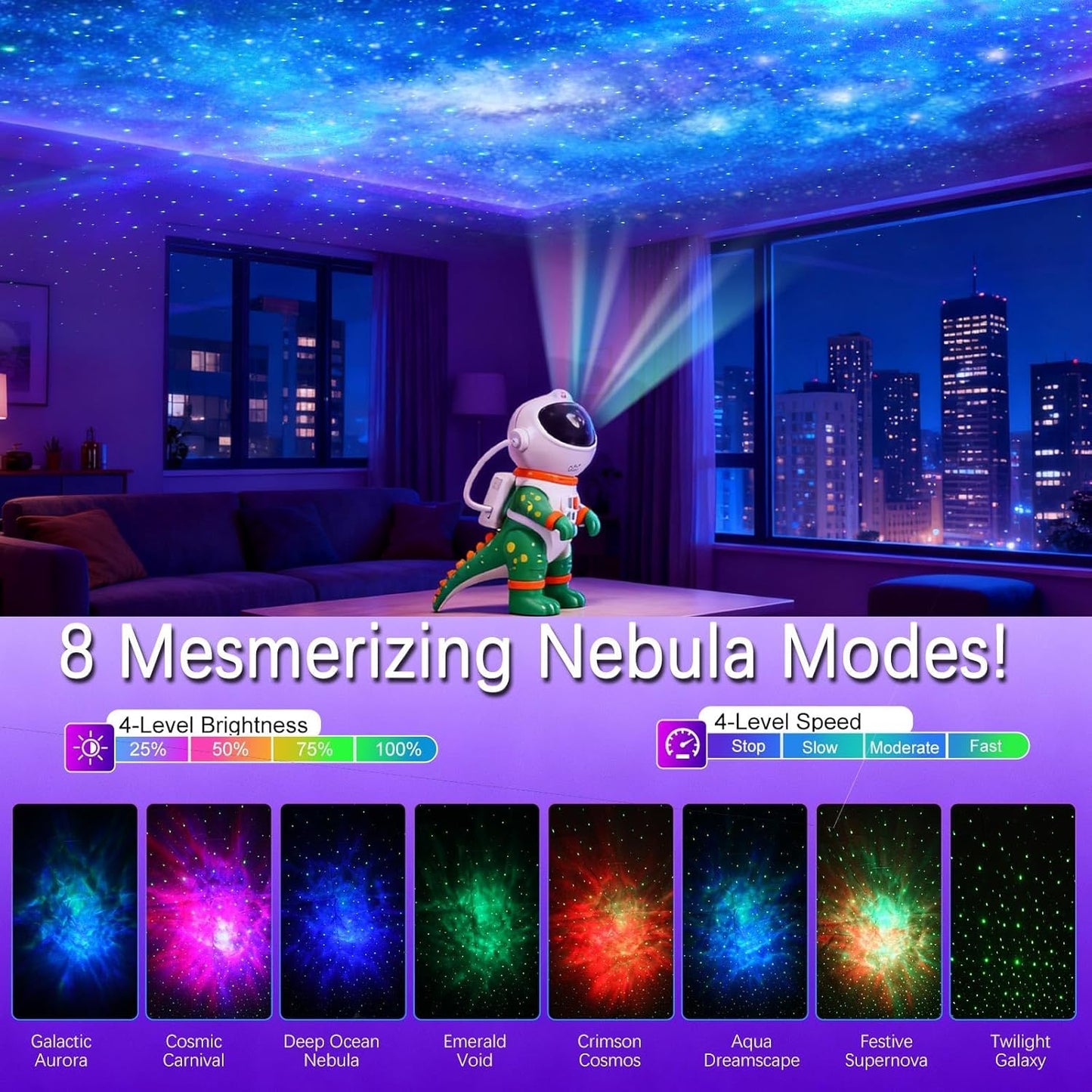 Galaxy Star Projection Night Light, Dinosaur Astronaut Space Projector with Timer, Remote Control, 8 Lighting Modes, Green Nebula Effects for Kids Room Ceiling Decor(Green)
