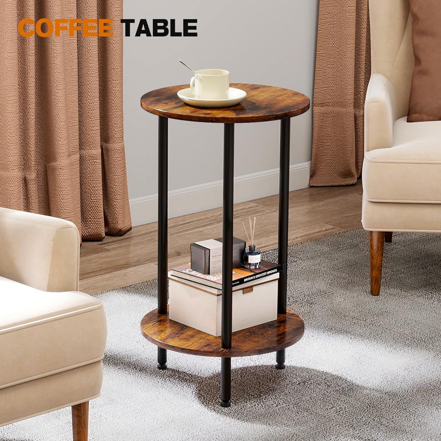 Round Side Table Set of 2, 2-Tier End Table, Small Round Nightstands with Storage, Modern Accent/Bedside Table for Living Room, Bedroom-Brown