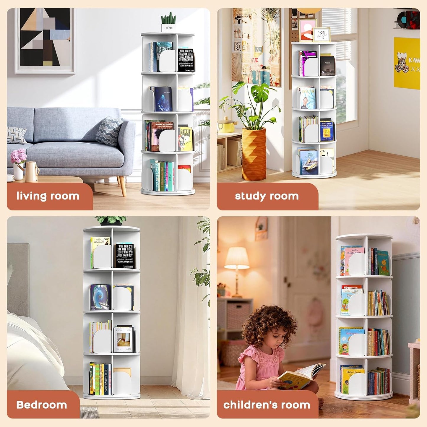 Kryonix Rotating Bookshelf, Spinning Bookshelf Tower 3 Tier, 360° Revolving Bookcase Lazy Susan, Multi-Functiona Corner Round Turning Book Shelf Organizer for Small Spaces(White)