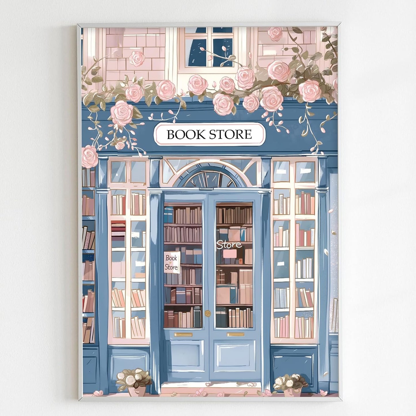 Book Store Poster Library Canvas Wall Art Pink Rose Painting Book Lover Pictures Pink and Blue Artwork Aesthetic Reading Wall Art Bookish Canvas for Room Romantic Library Artwork 16x24inch No Frame